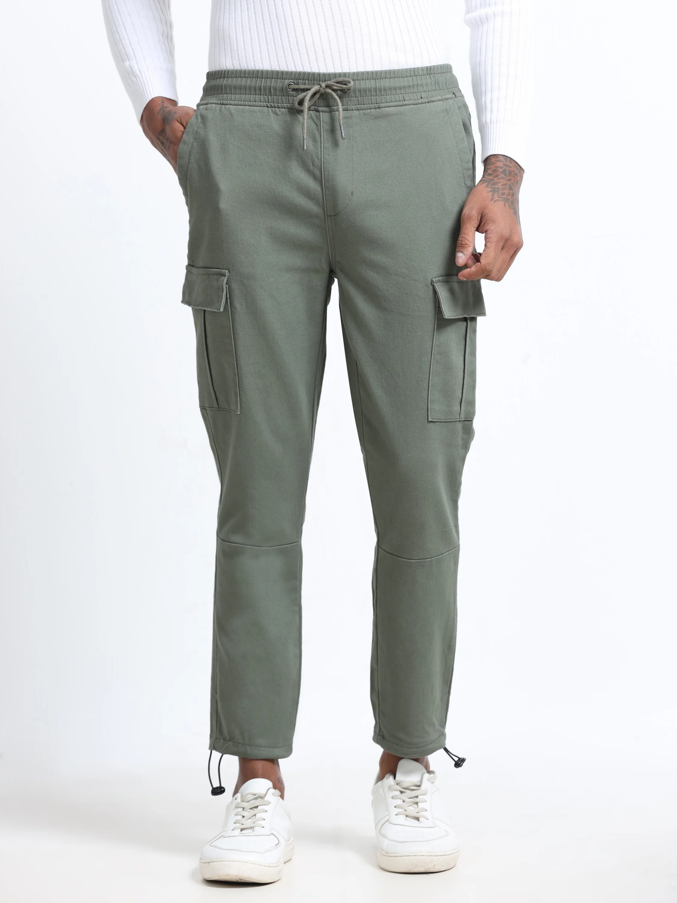 Men Cotton Stretch Olive Cargo Pants - Image 6