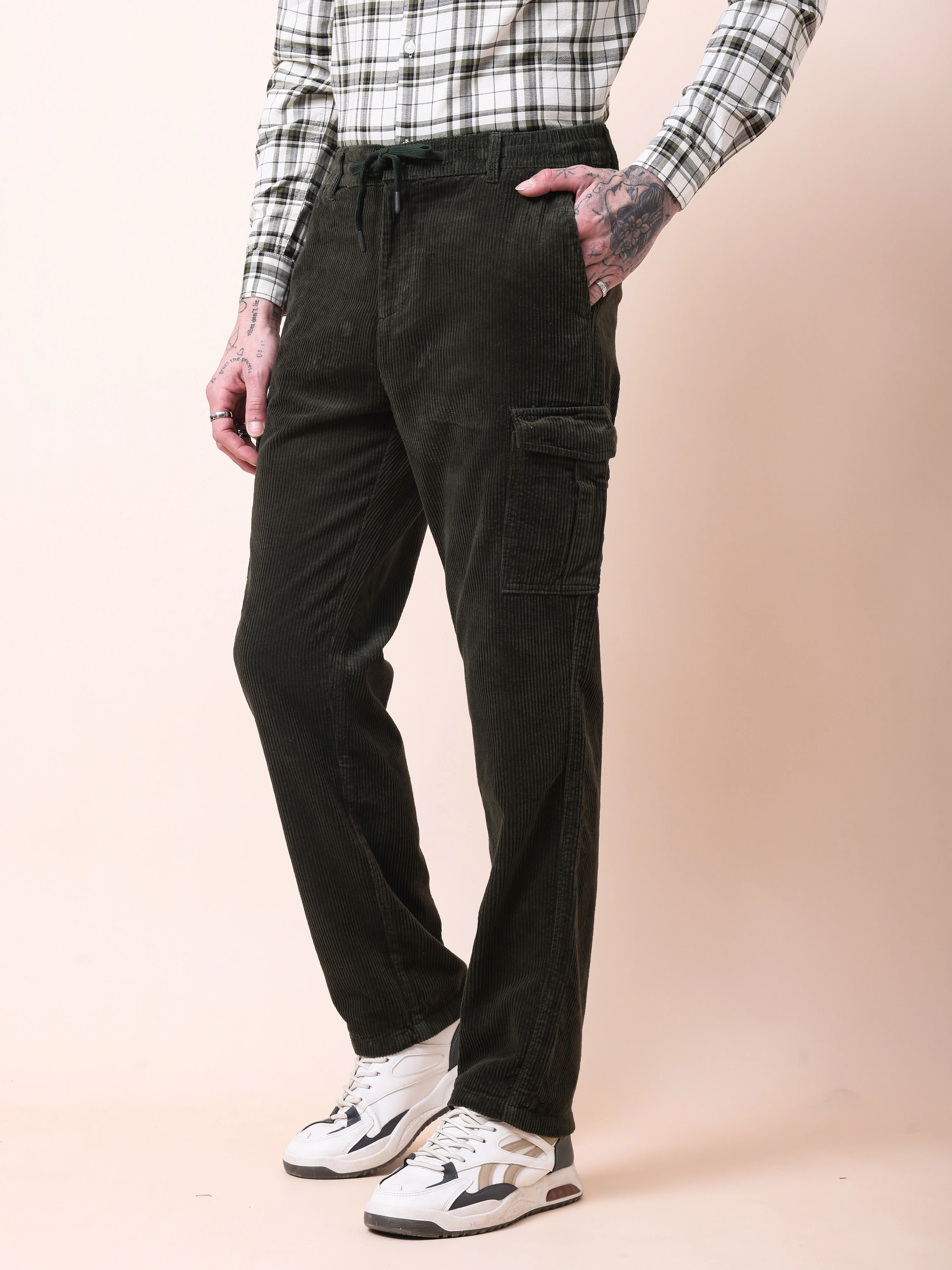 Men Olive Corduroy Cargo Pants - Image 2