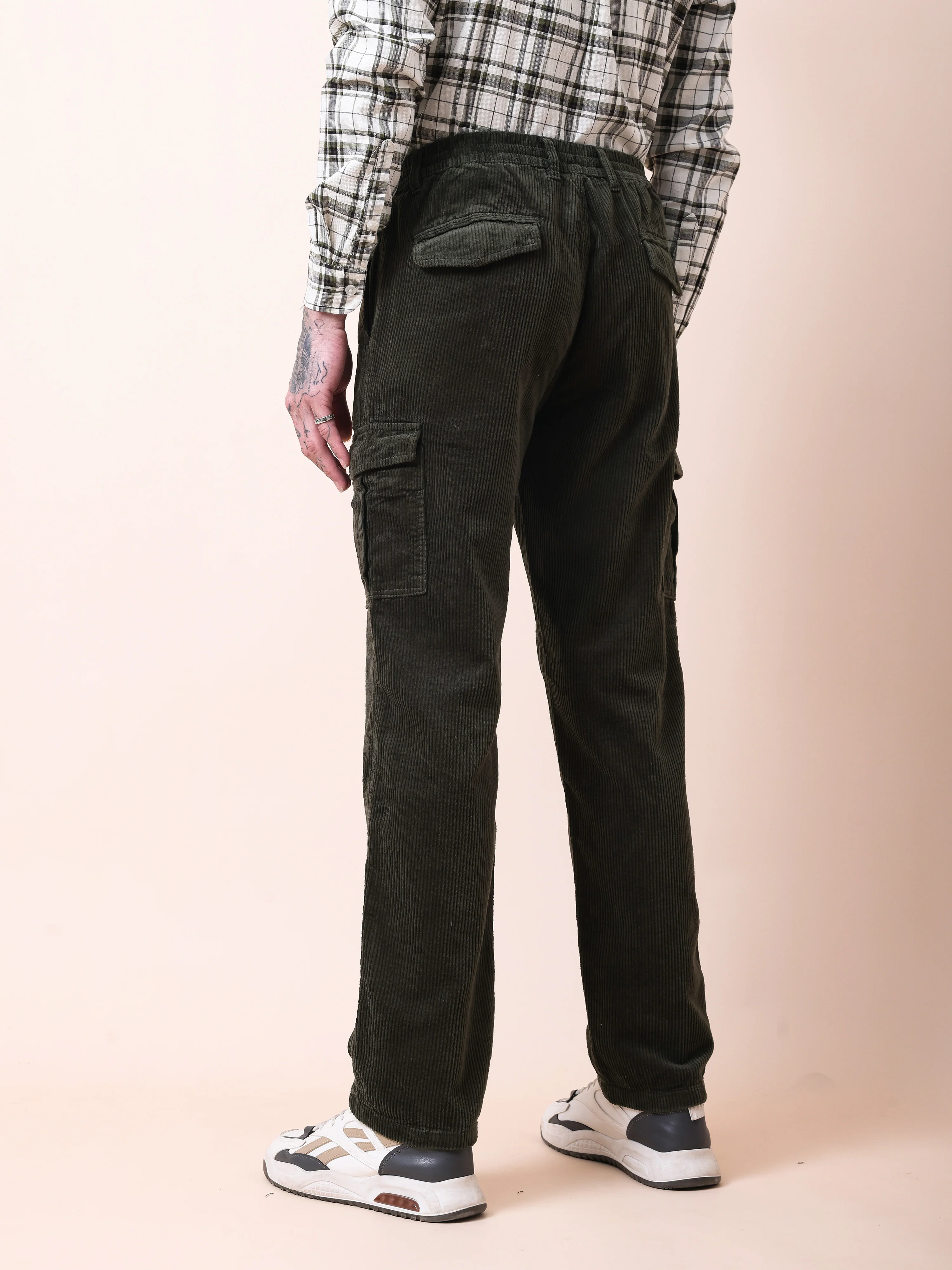 Men Olive Corduroy Cargo Pants - Image 5