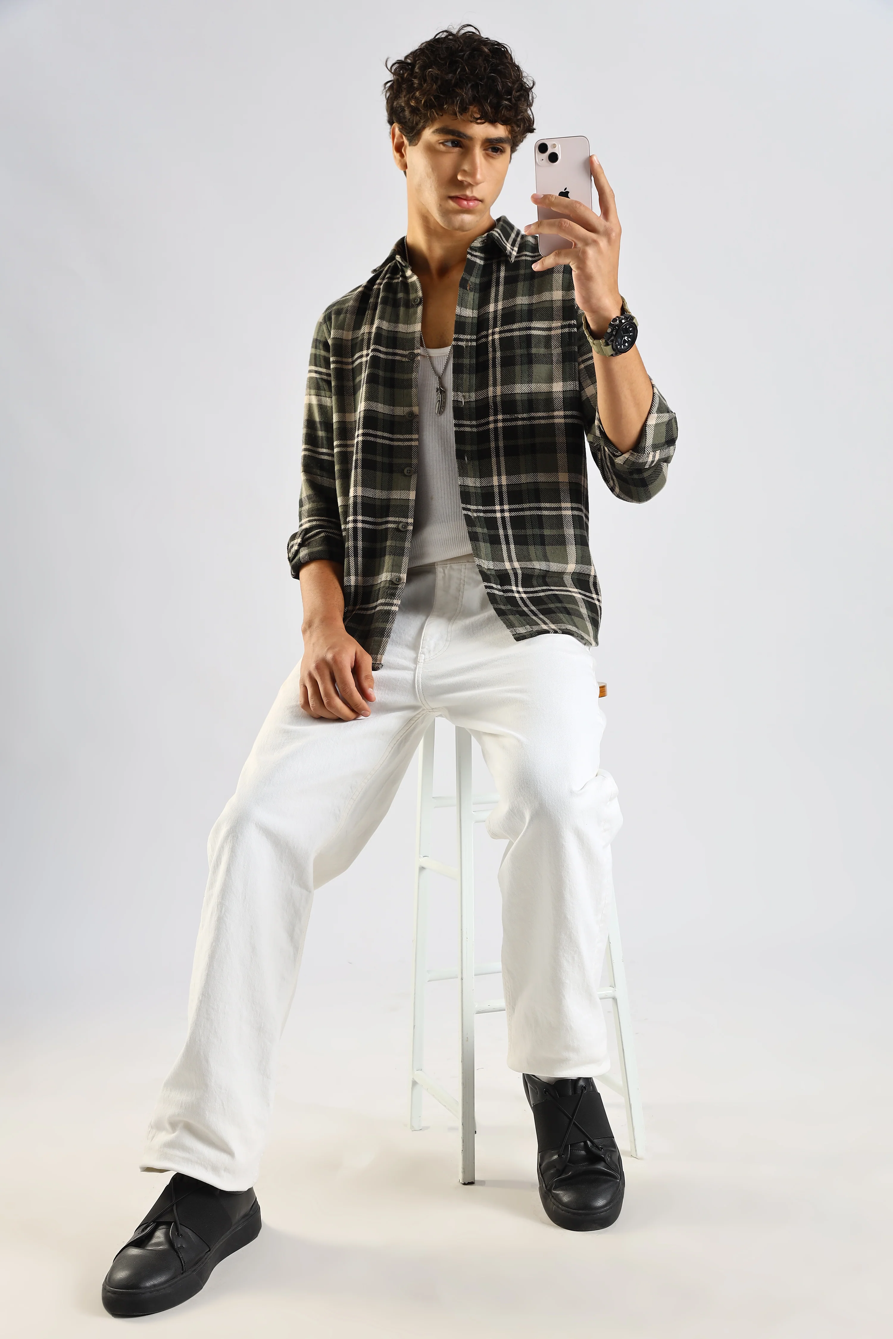 Men Olive Cotton Blend Checked Shirt - Image 10