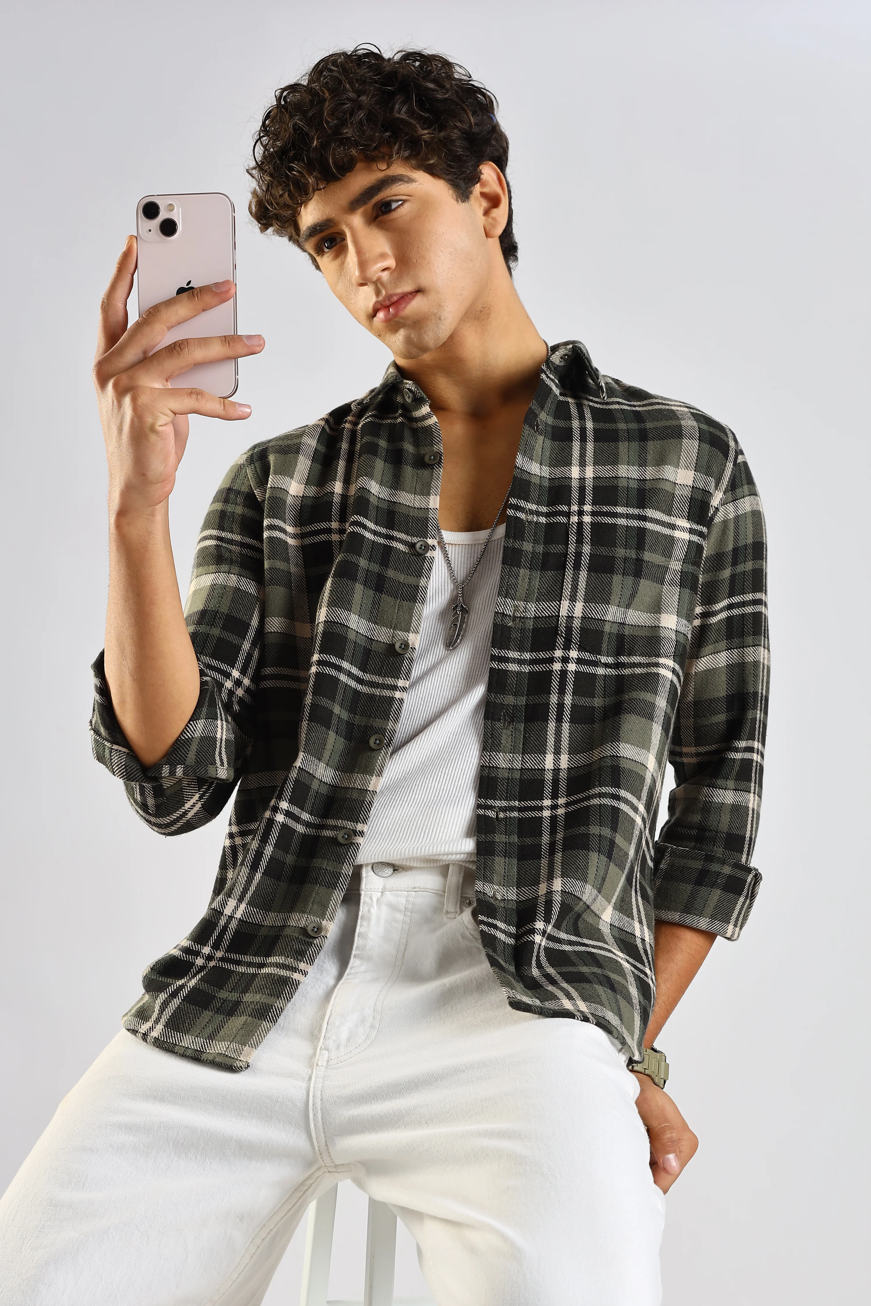 Men Olive Cotton Blend Checked Shirt - Image 11