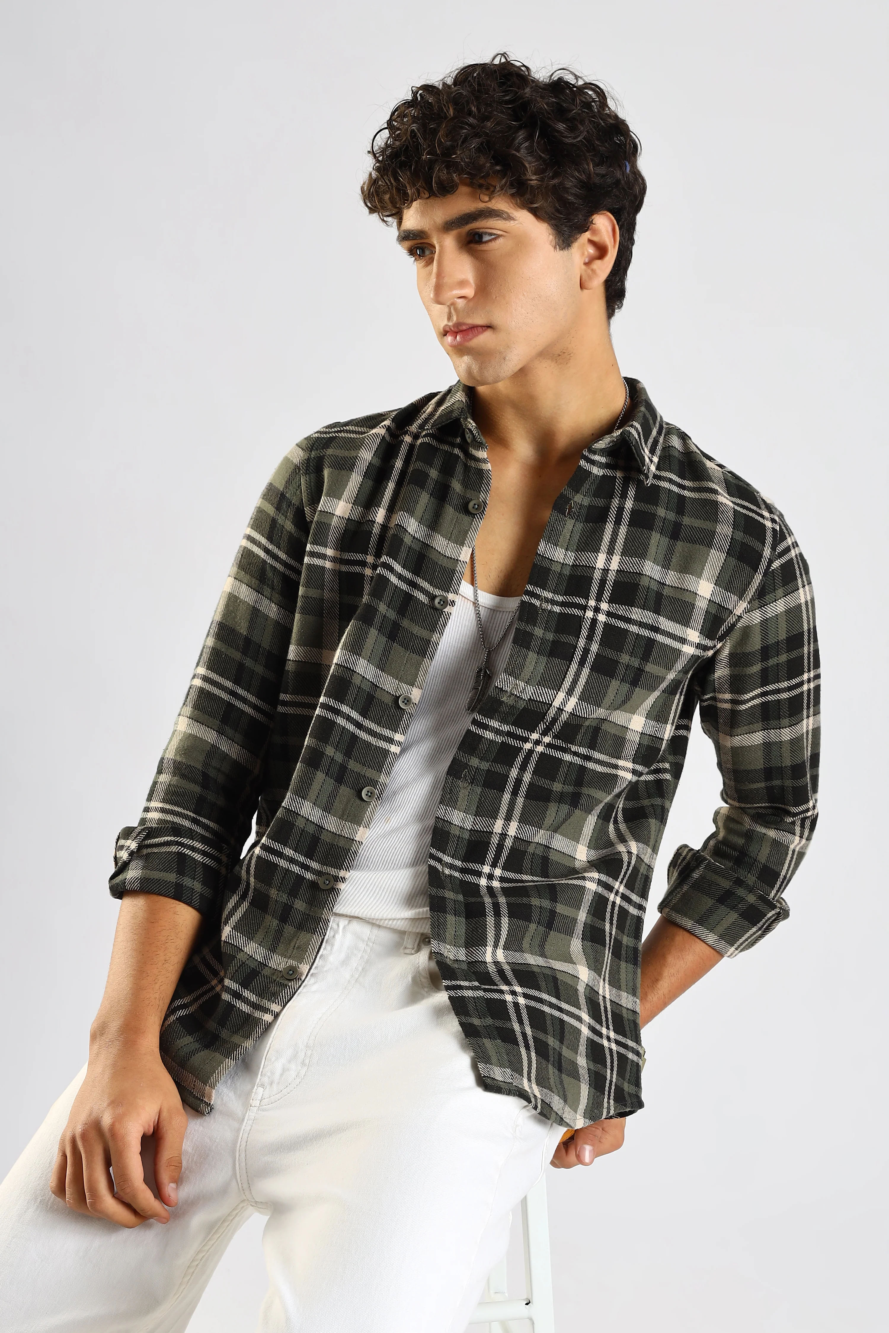 Men Olive Cotton Blend Checked Shirt - Image 12