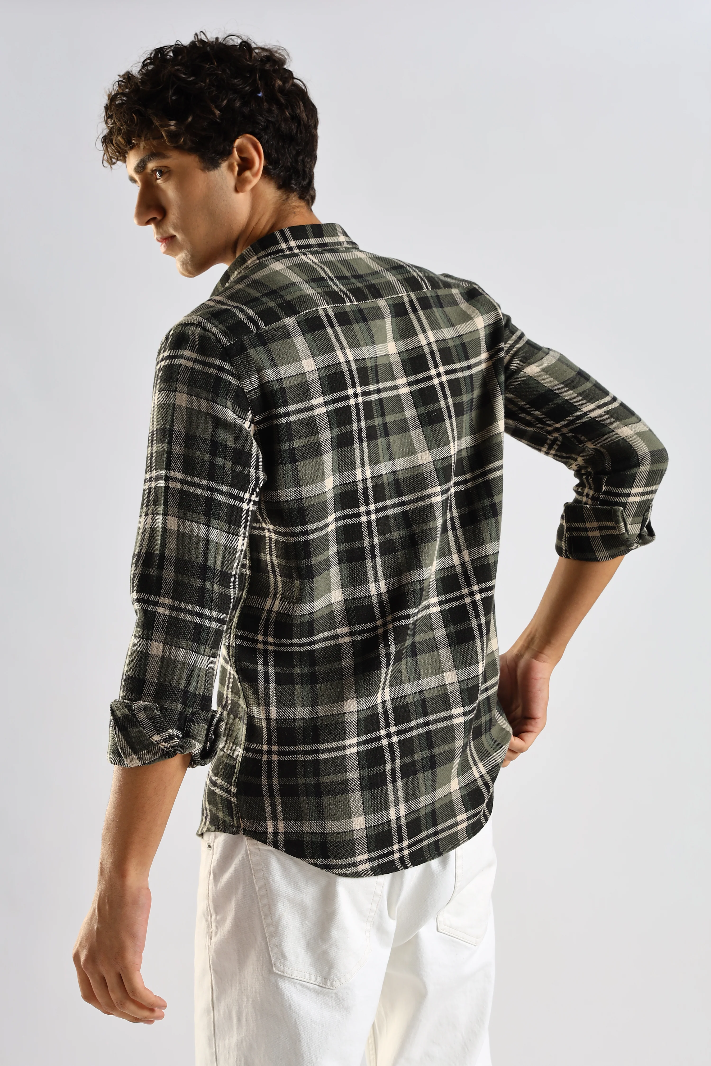 Men Olive Cotton Blend Checked Shirt - Image 2