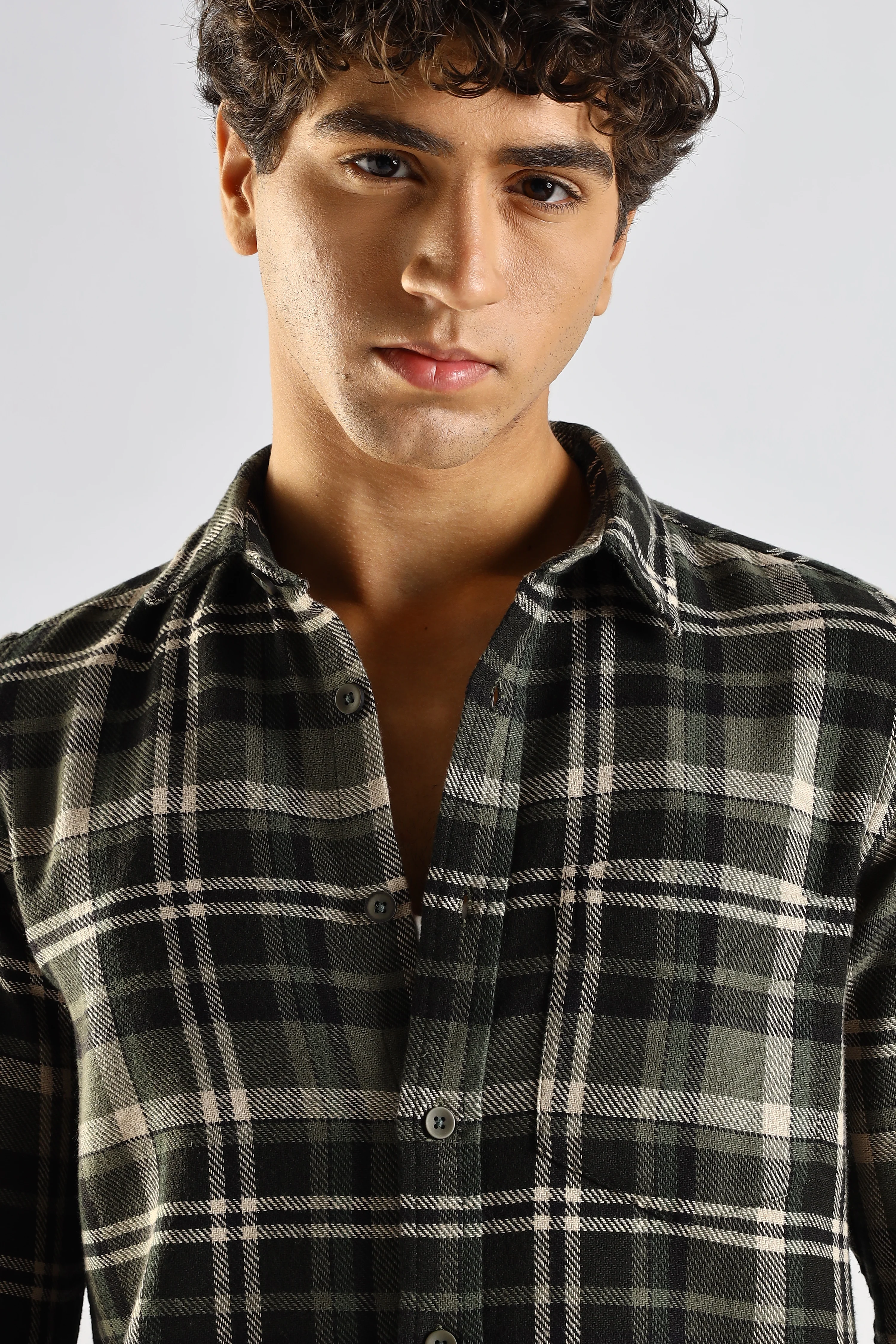 Men Olive Cotton Blend Checked Shirt - Image 3