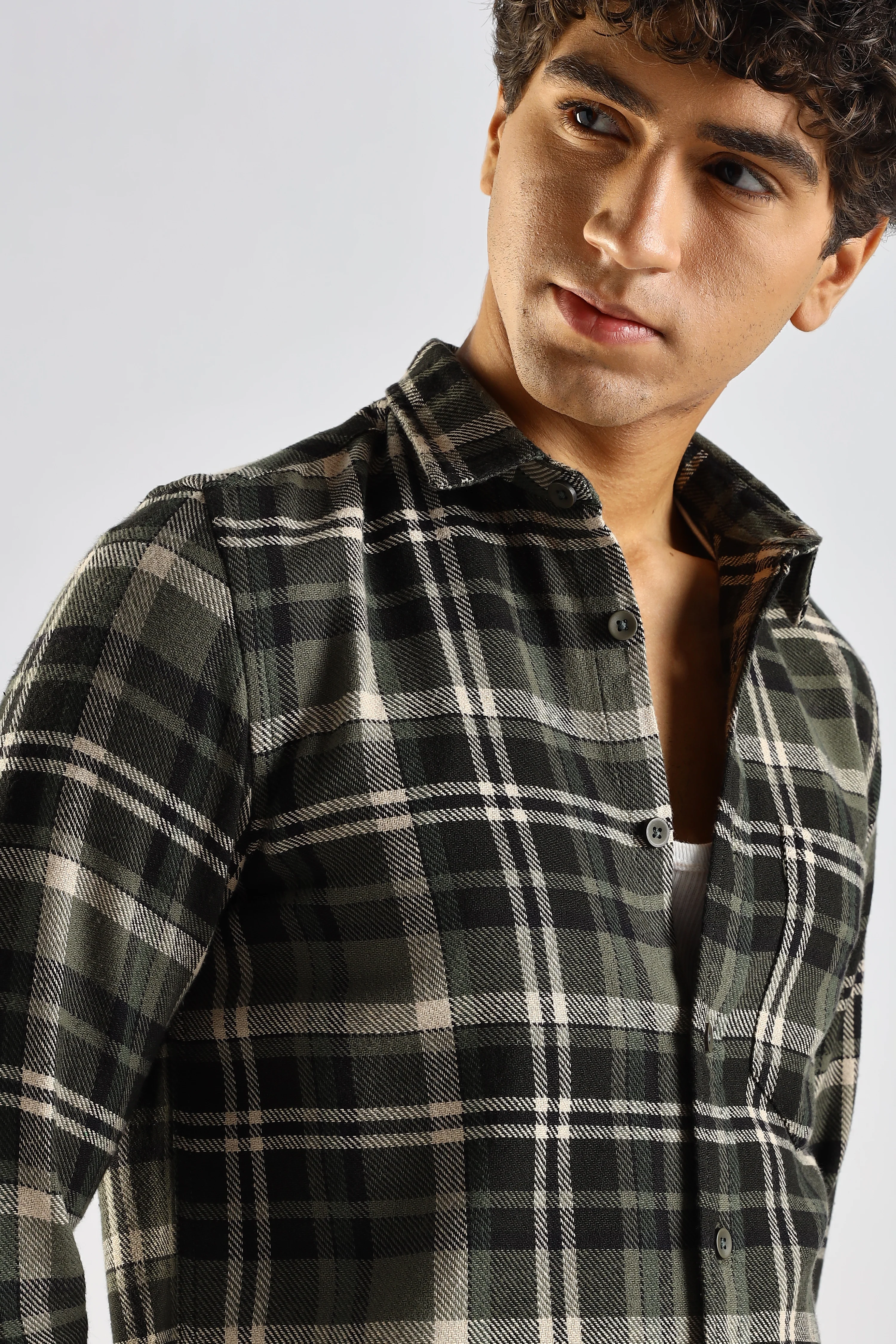 Men Olive Cotton Blend Checked Shirt - Image 4