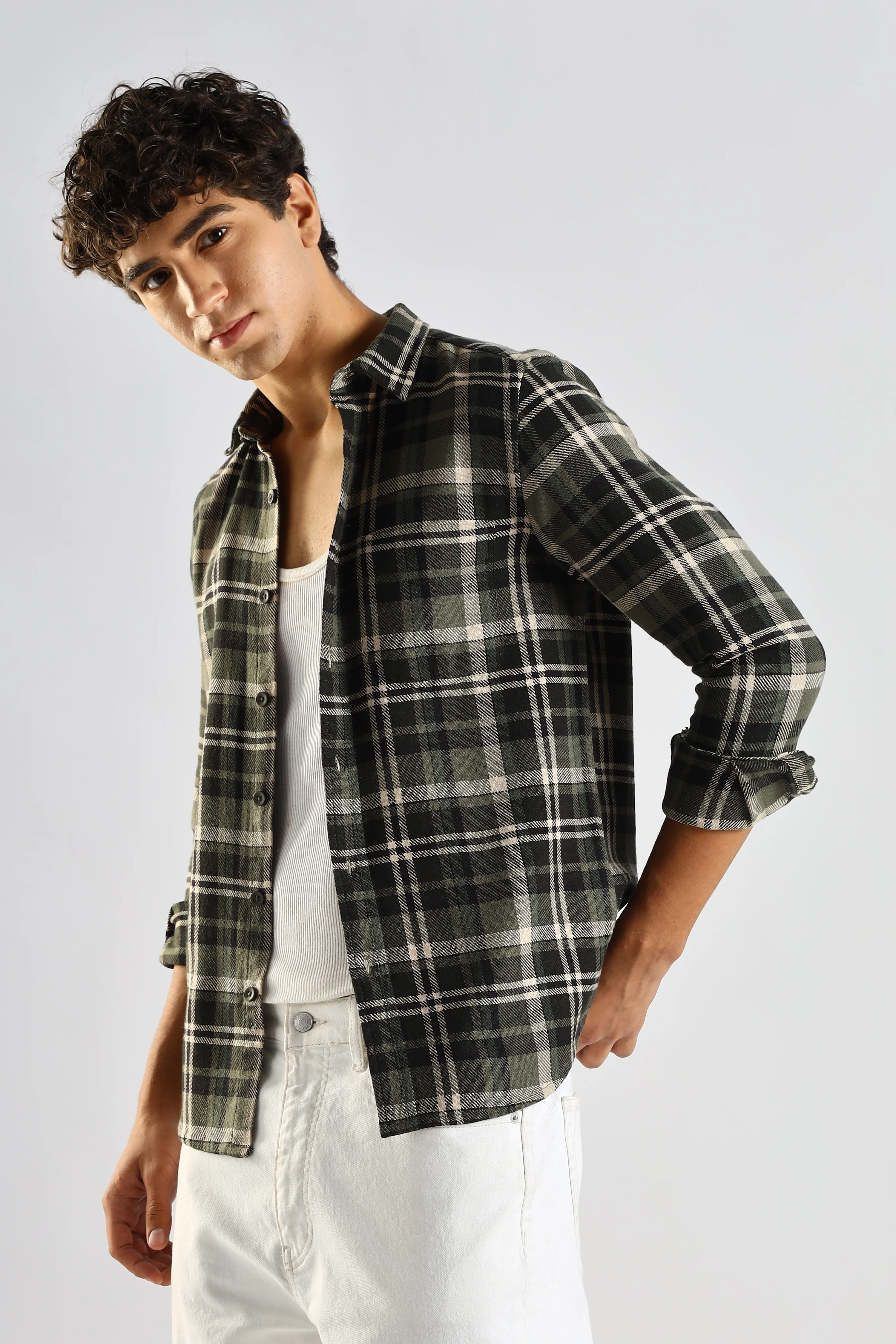 Men Olive Cotton Blend Checked Shirt - Image 5