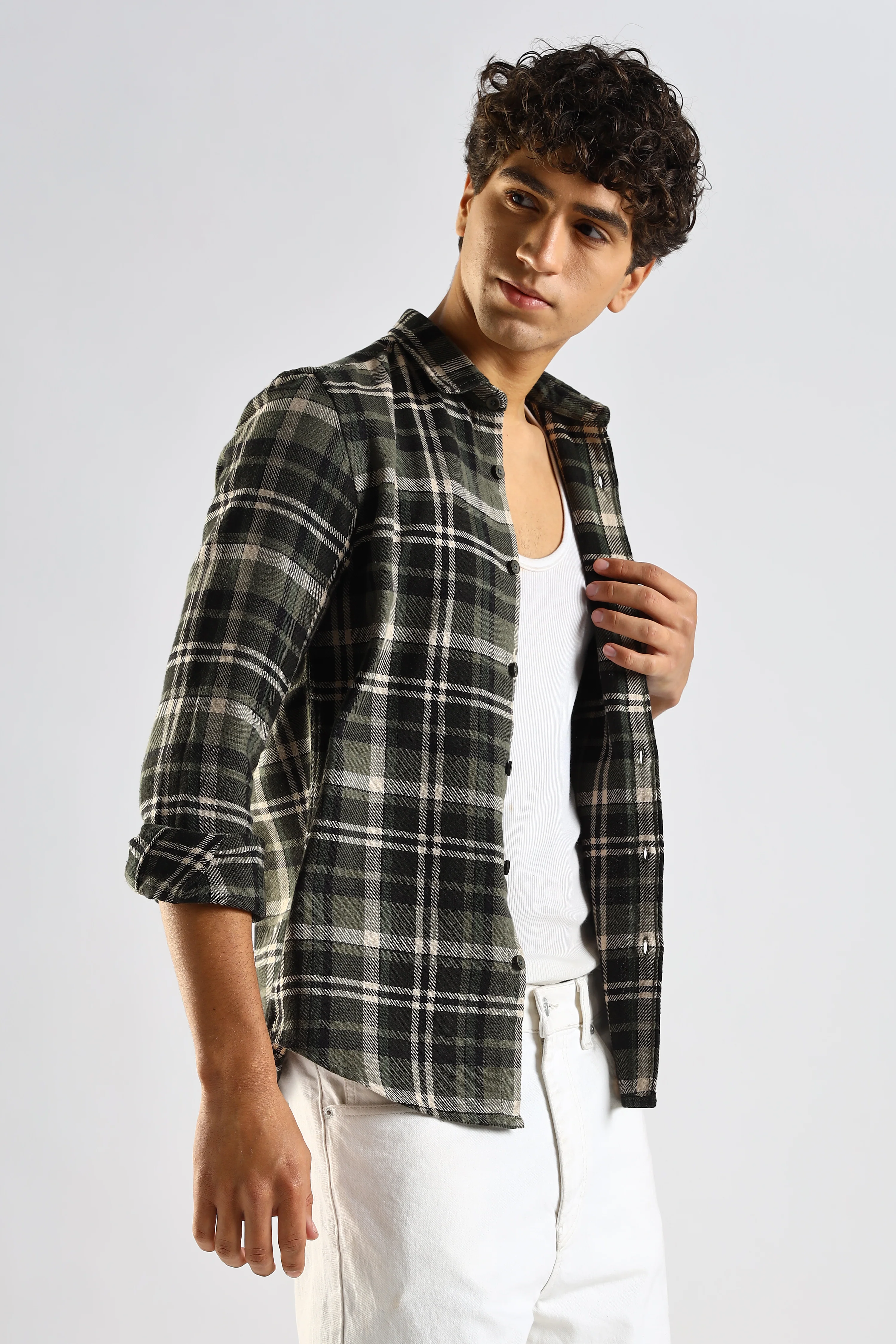 Men Olive Cotton Blend Checked Shirt - Image 6