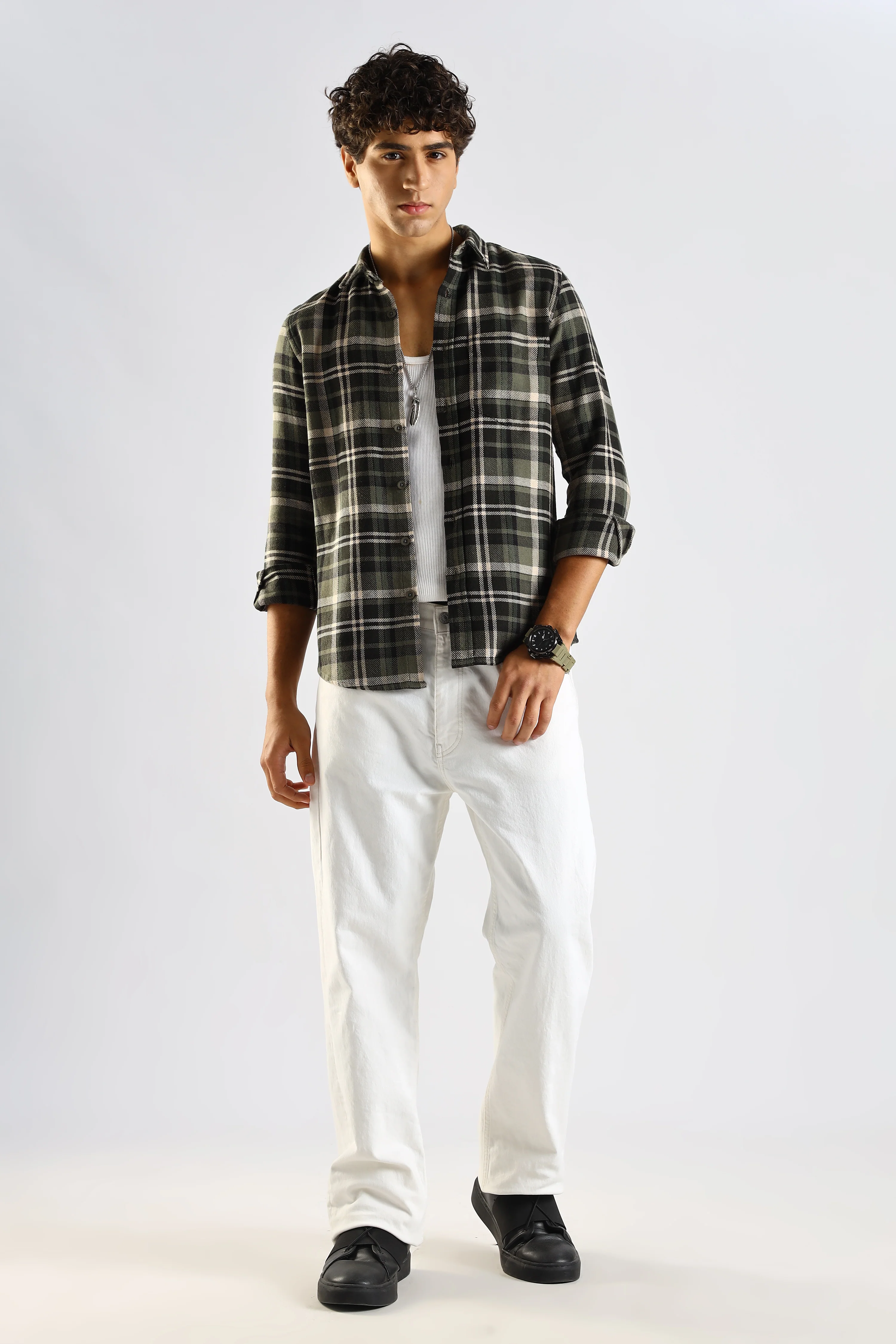Men Olive Cotton Blend Checked Shirt - Image 7