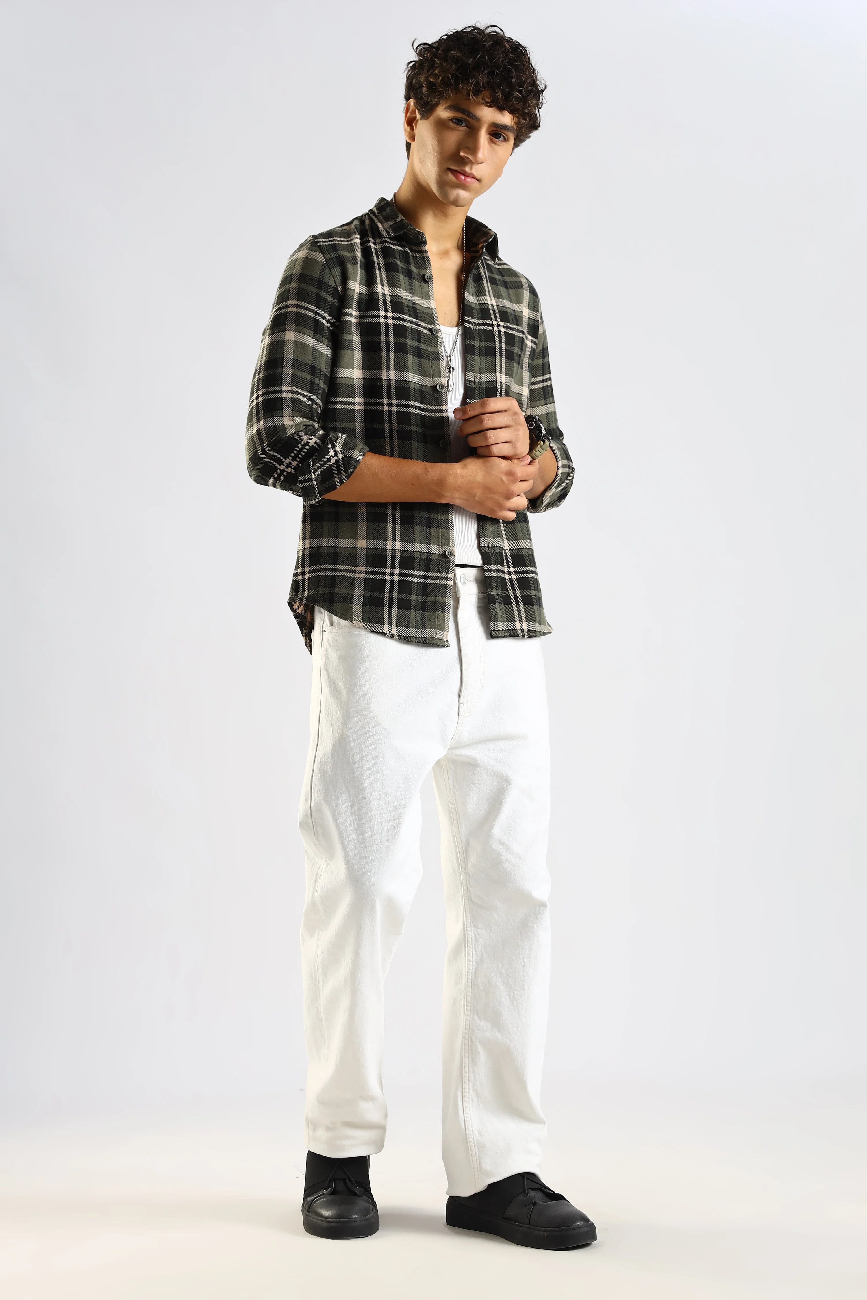 Men Olive Cotton Blend Checked Shirt - Image 8