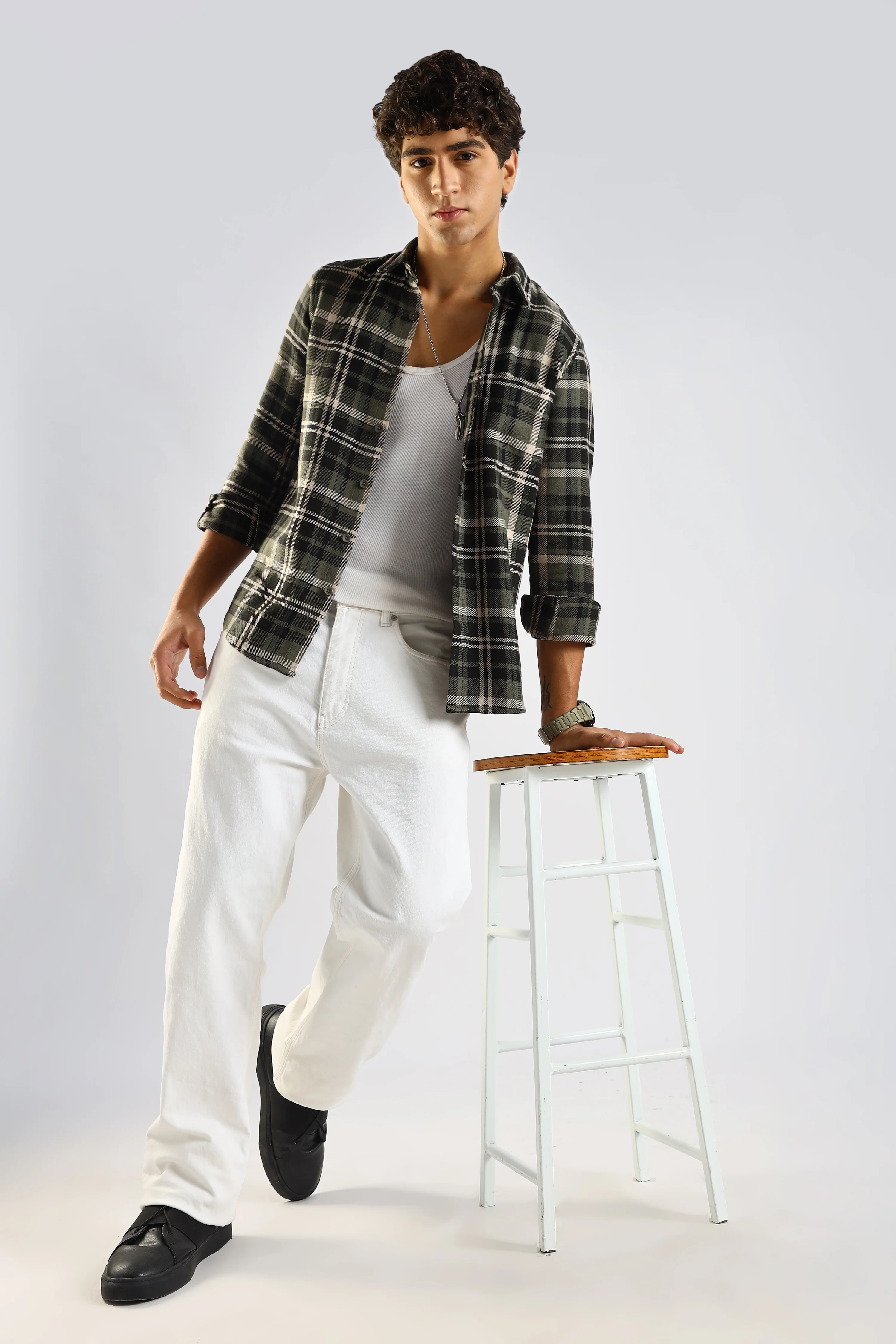 Men Olive Cotton Blend Checked Shirt - Image 9