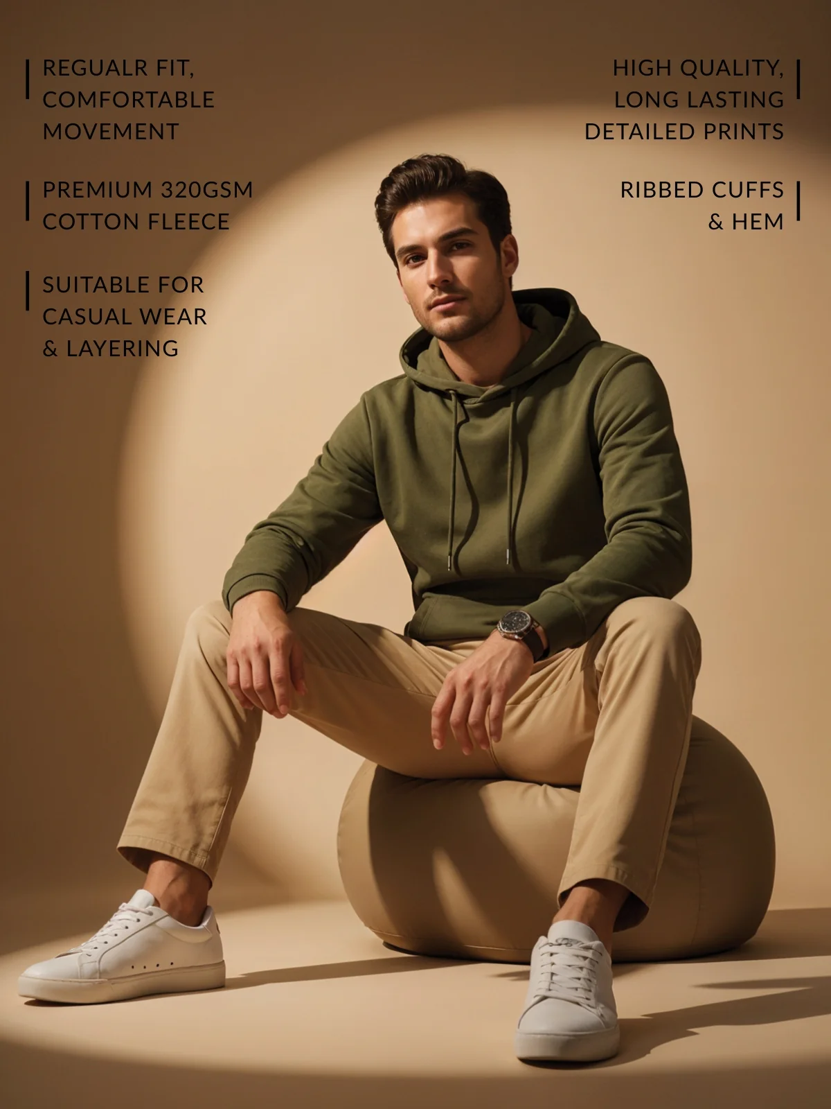 Men Olive Cotton Fleece Printed Hoodie - Image 3
