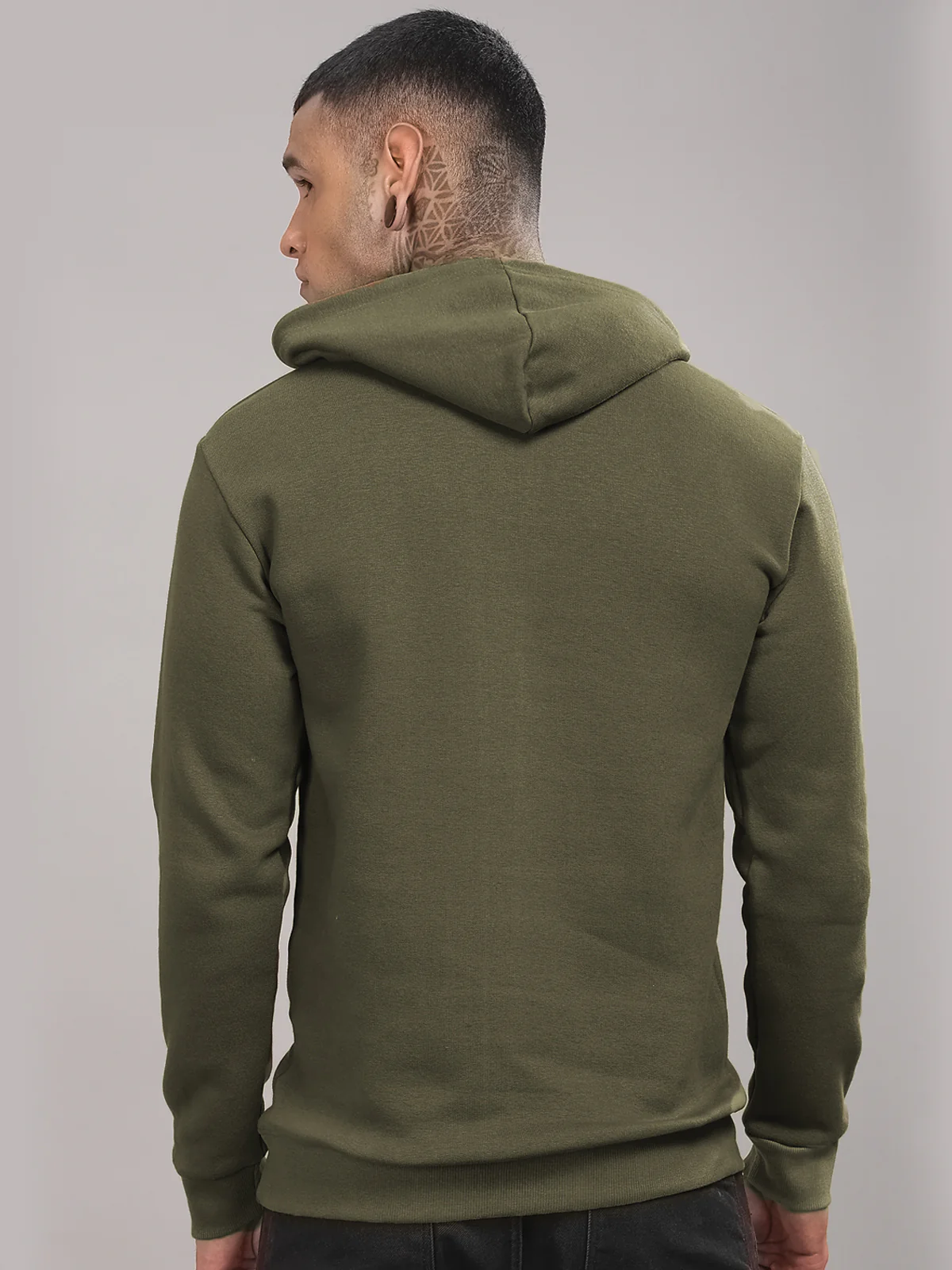 Men Olive Cotton Fleece Printed Hoodie - Image 2