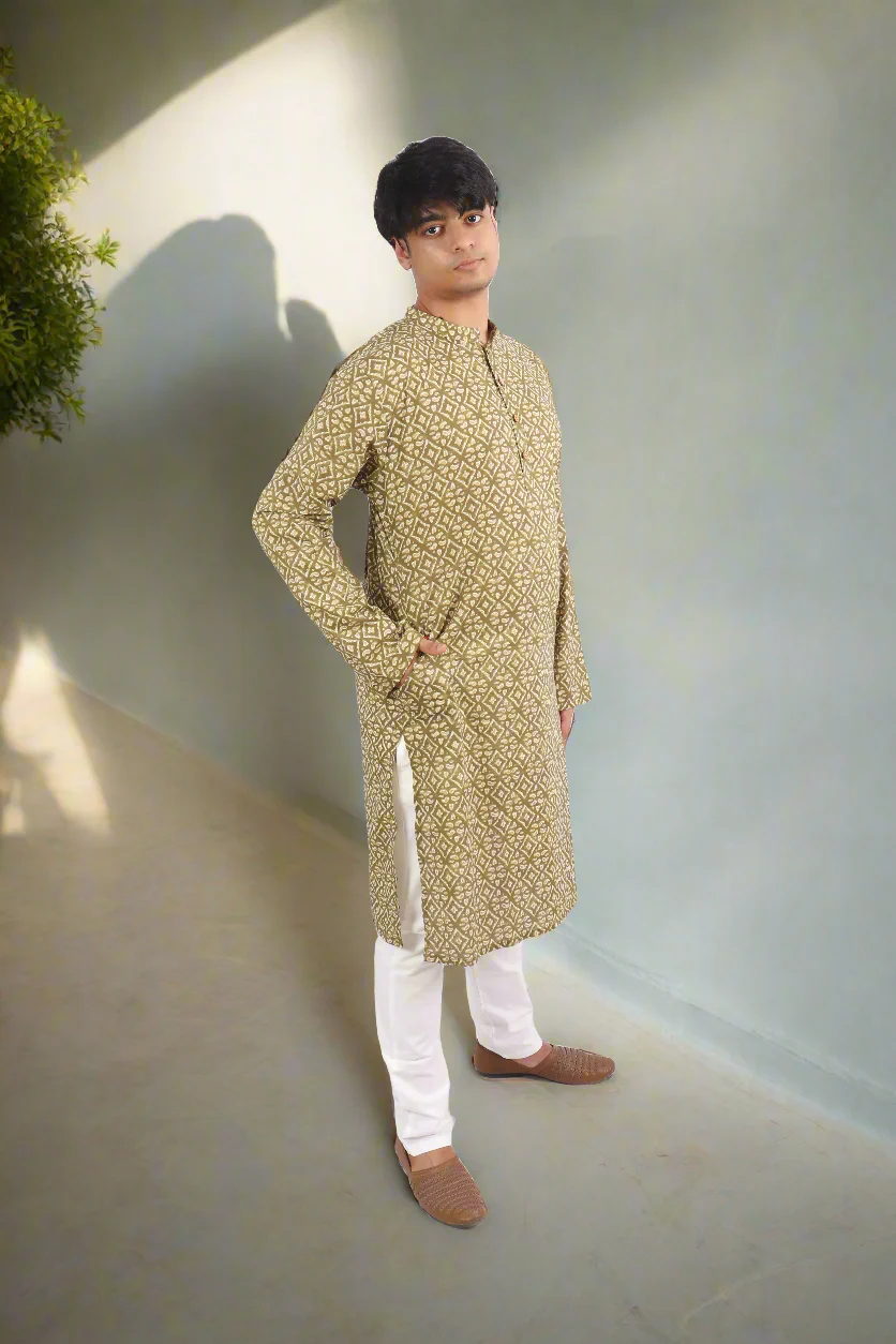 Men Olive Cotton Geometric Printed Straight Kurta - Image 3
