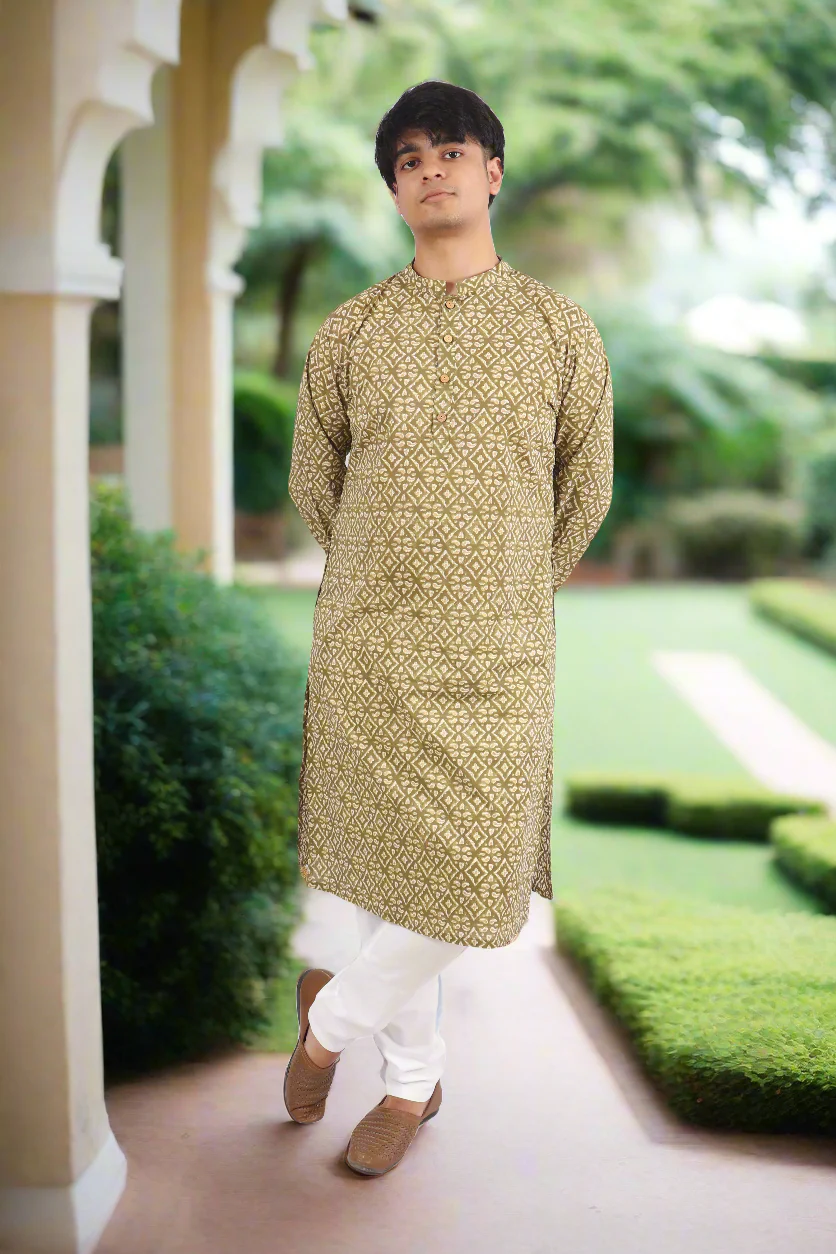 Men Olive Cotton Geometric Printed Straight Kurta - Image 4