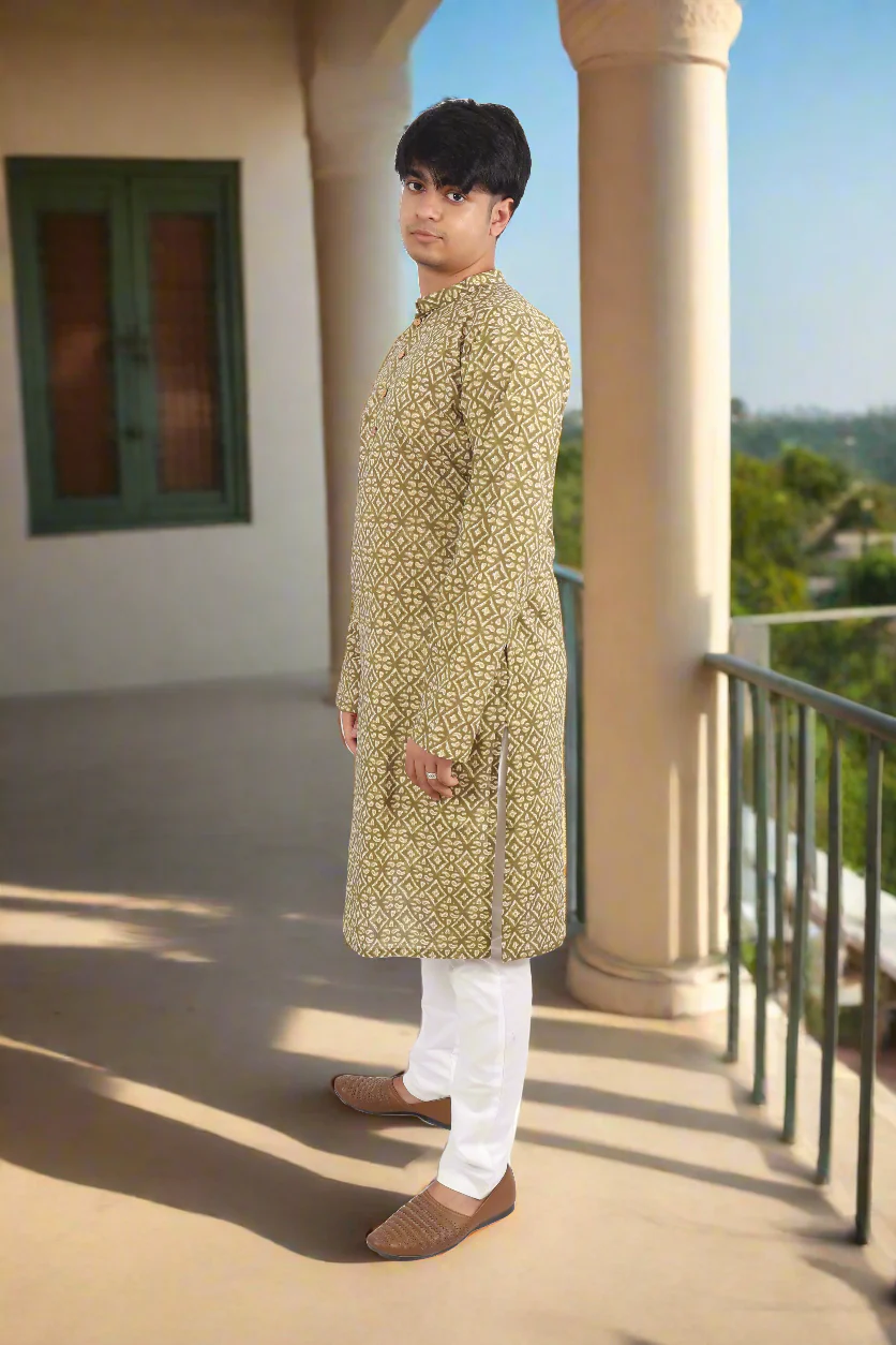 Men Olive Cotton Geometric Printed Straight Kurta - Image 5