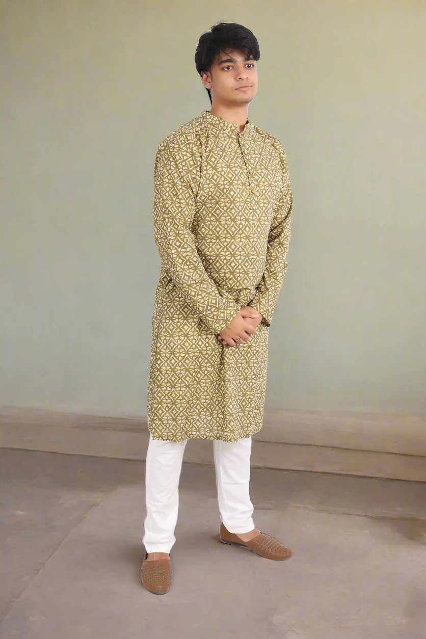 Men Olive Cotton Geometric Printed Straight Kurta - Image 6