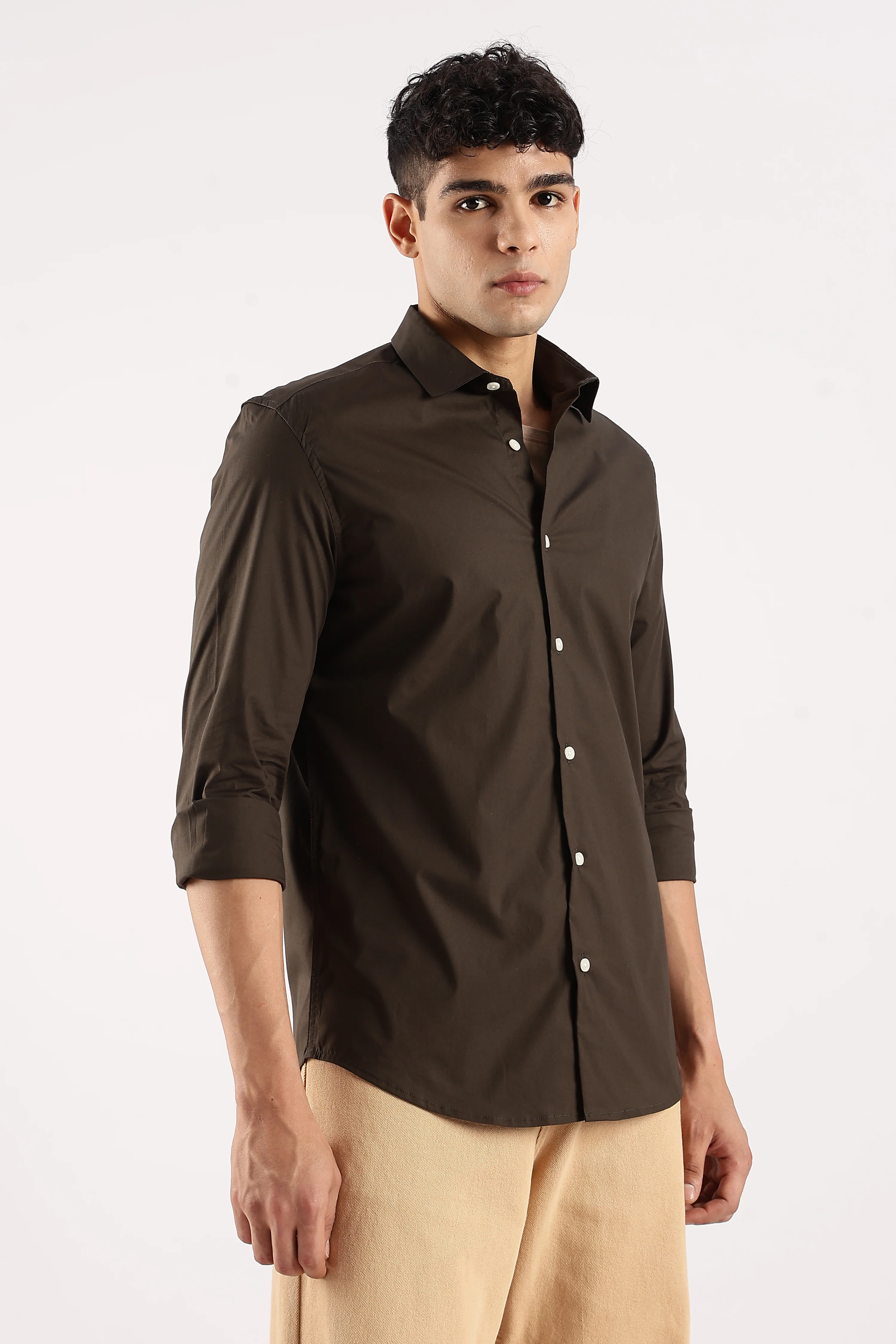 Men Olive Cotton Lycra Shirt - Image 2