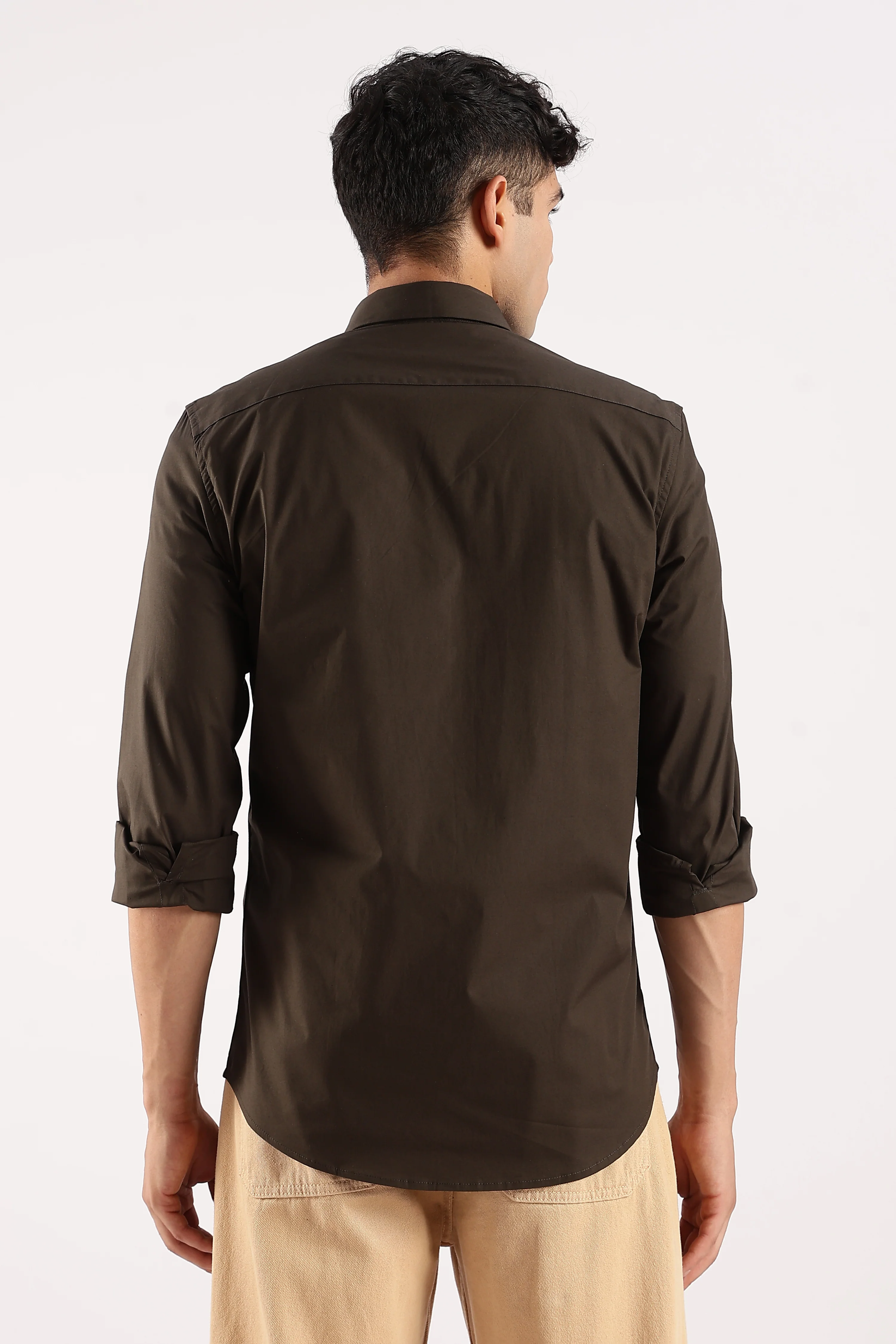 Men Olive Cotton Lycra Shirt - Image 3