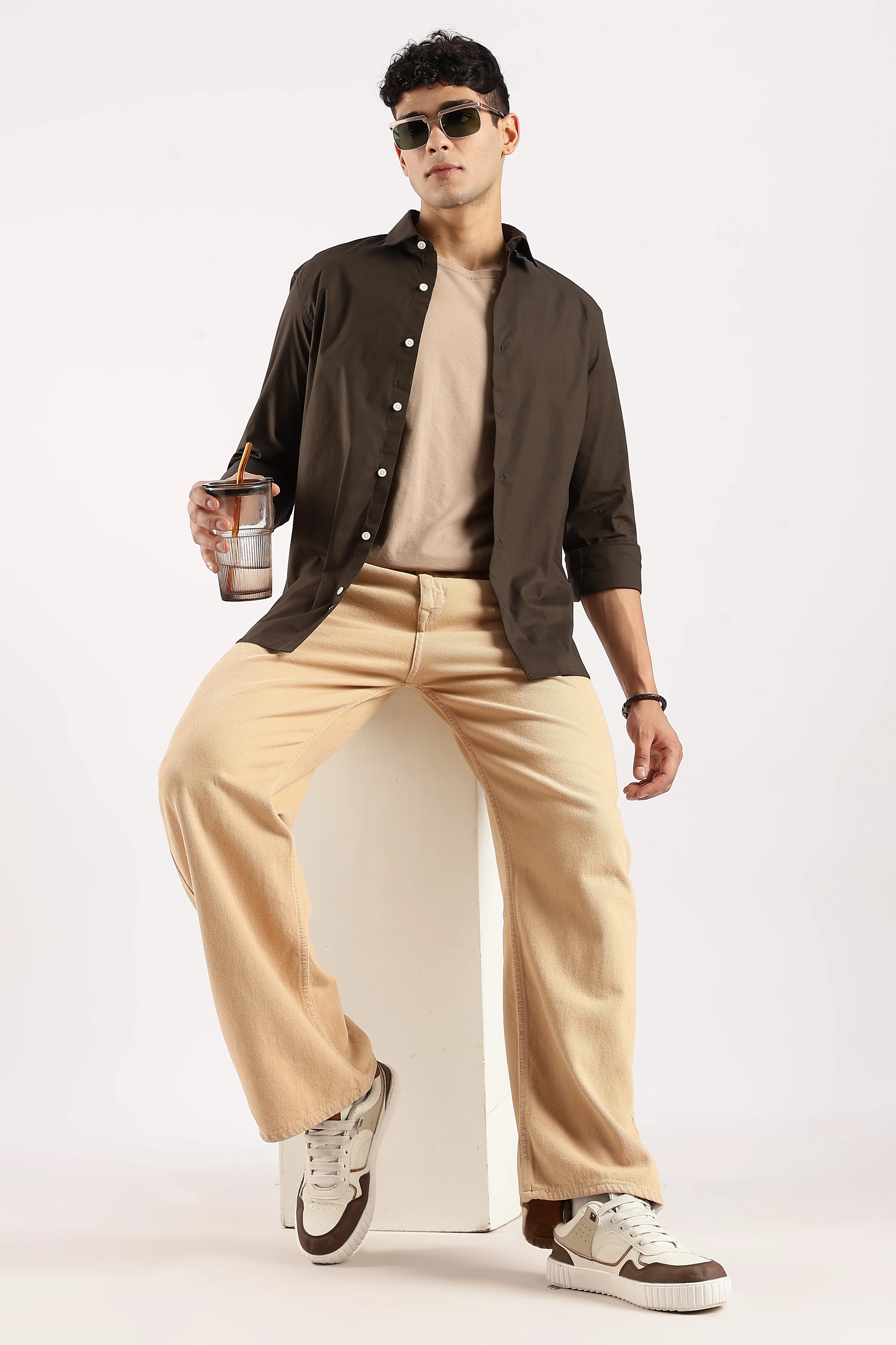 Men Olive Cotton Lycra Shirt - Image 5