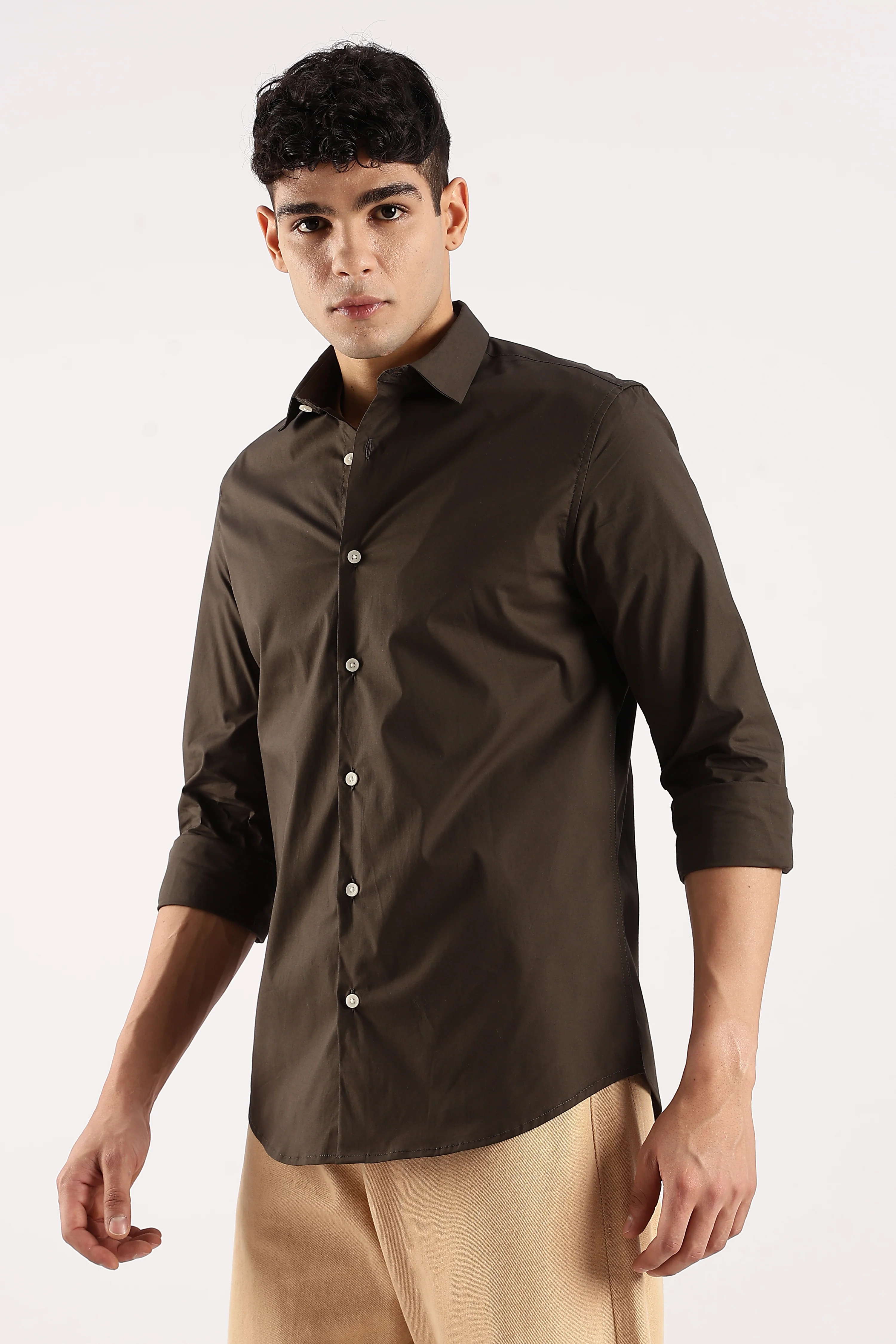 Men Olive Cotton Lycra Shirt - Image 6