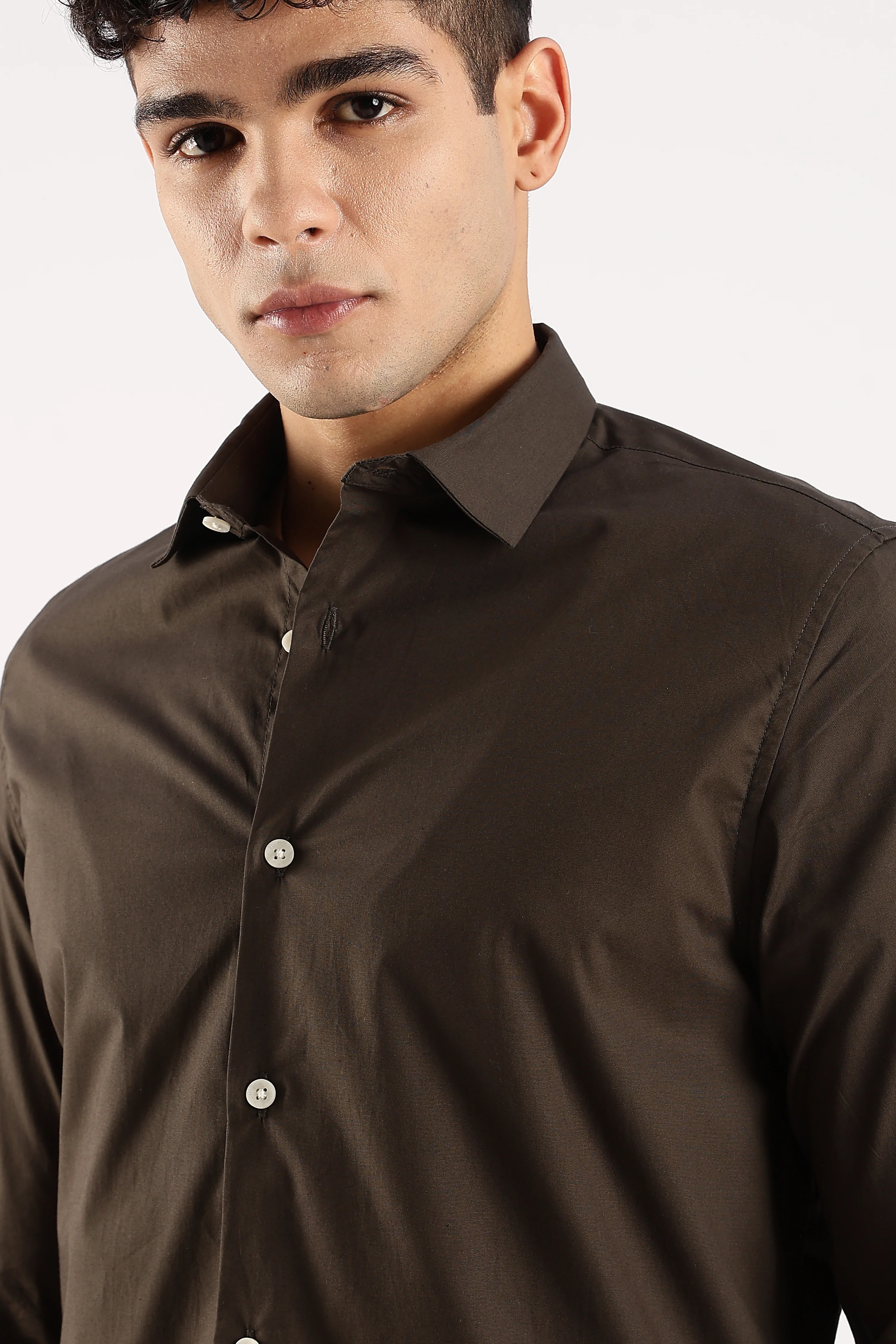 Men Olive Cotton Lycra Shirt - Image 7
