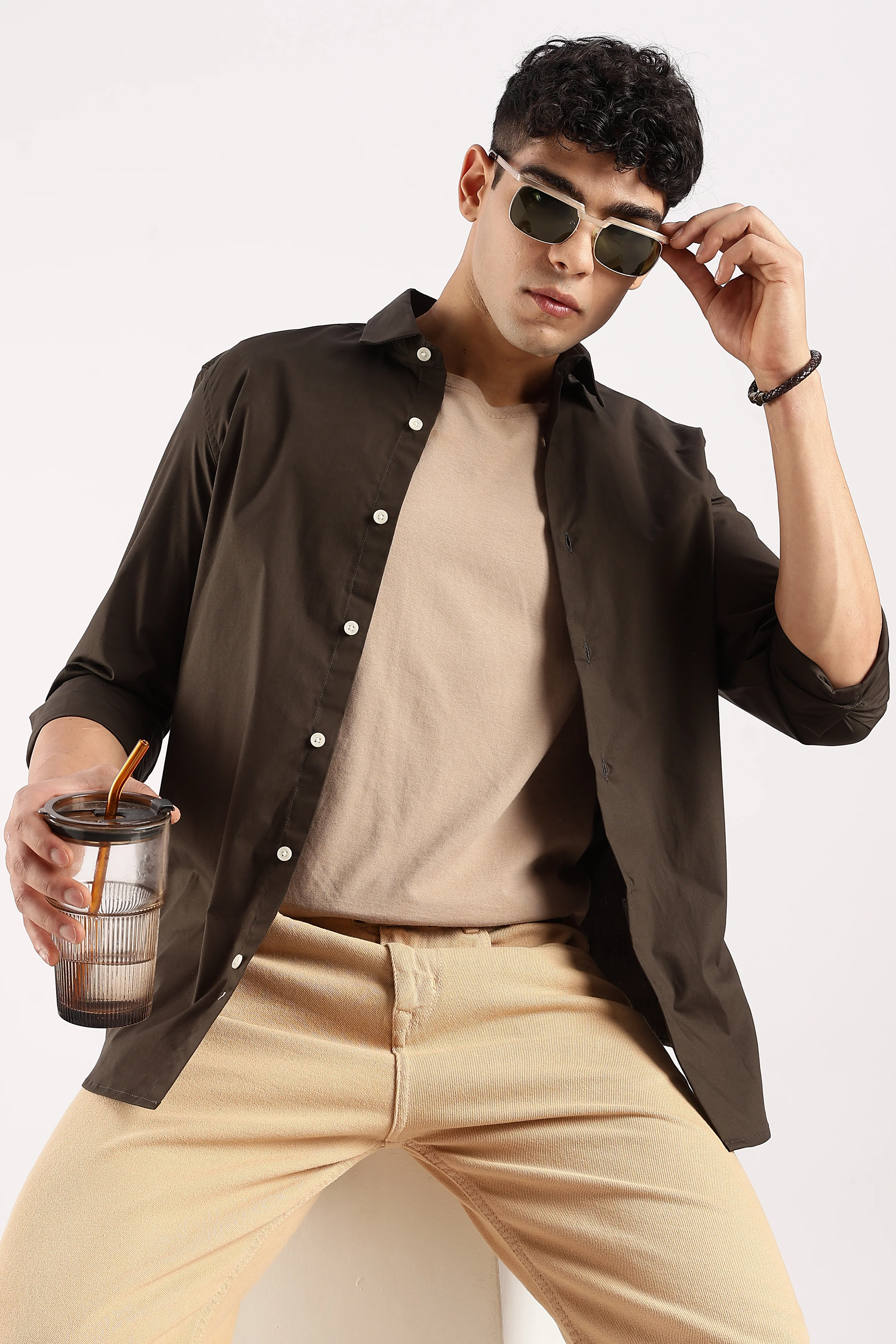 Men Olive Cotton Lycra Shirt - Image 8