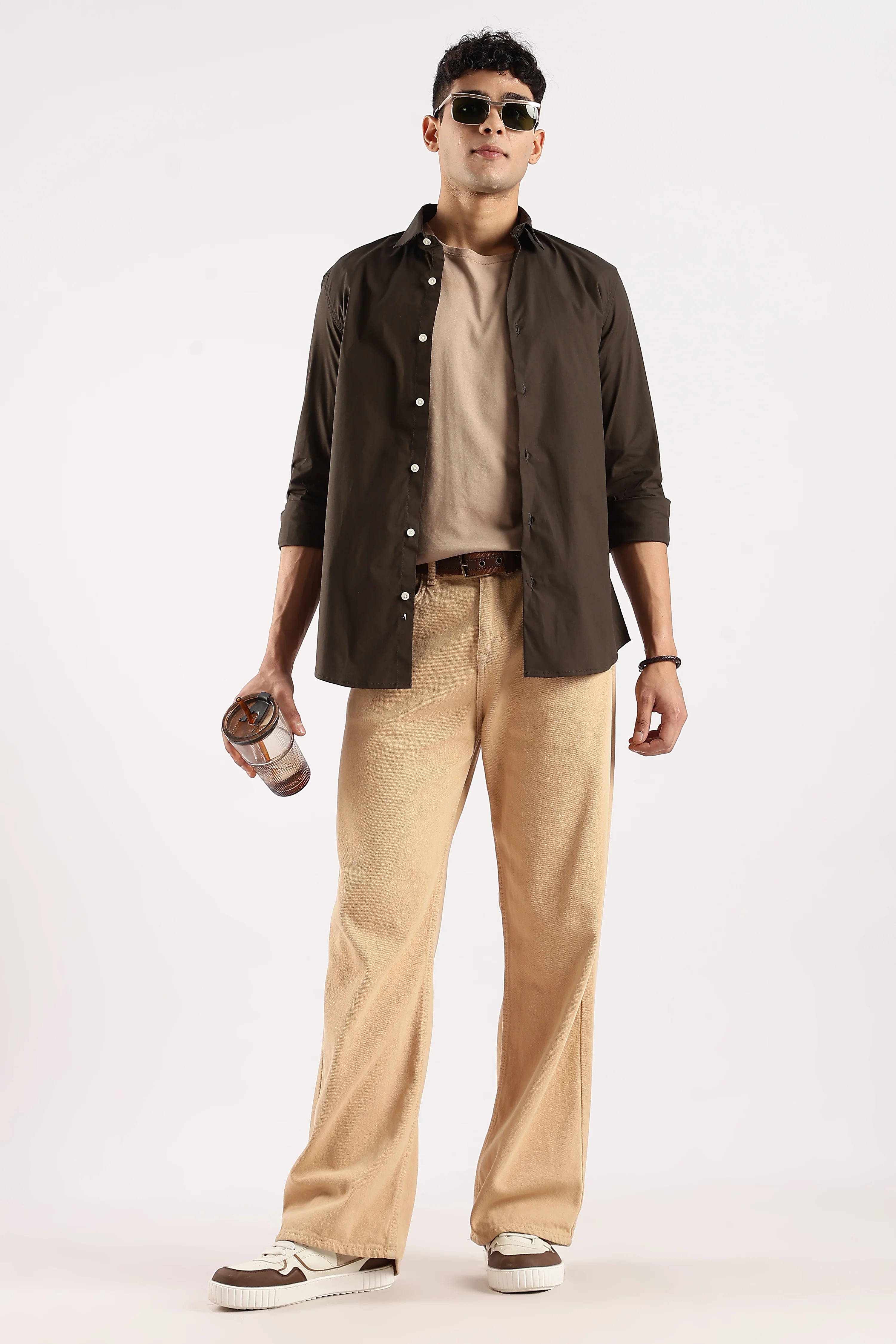Men Olive Cotton Lycra Shirt - Image 9