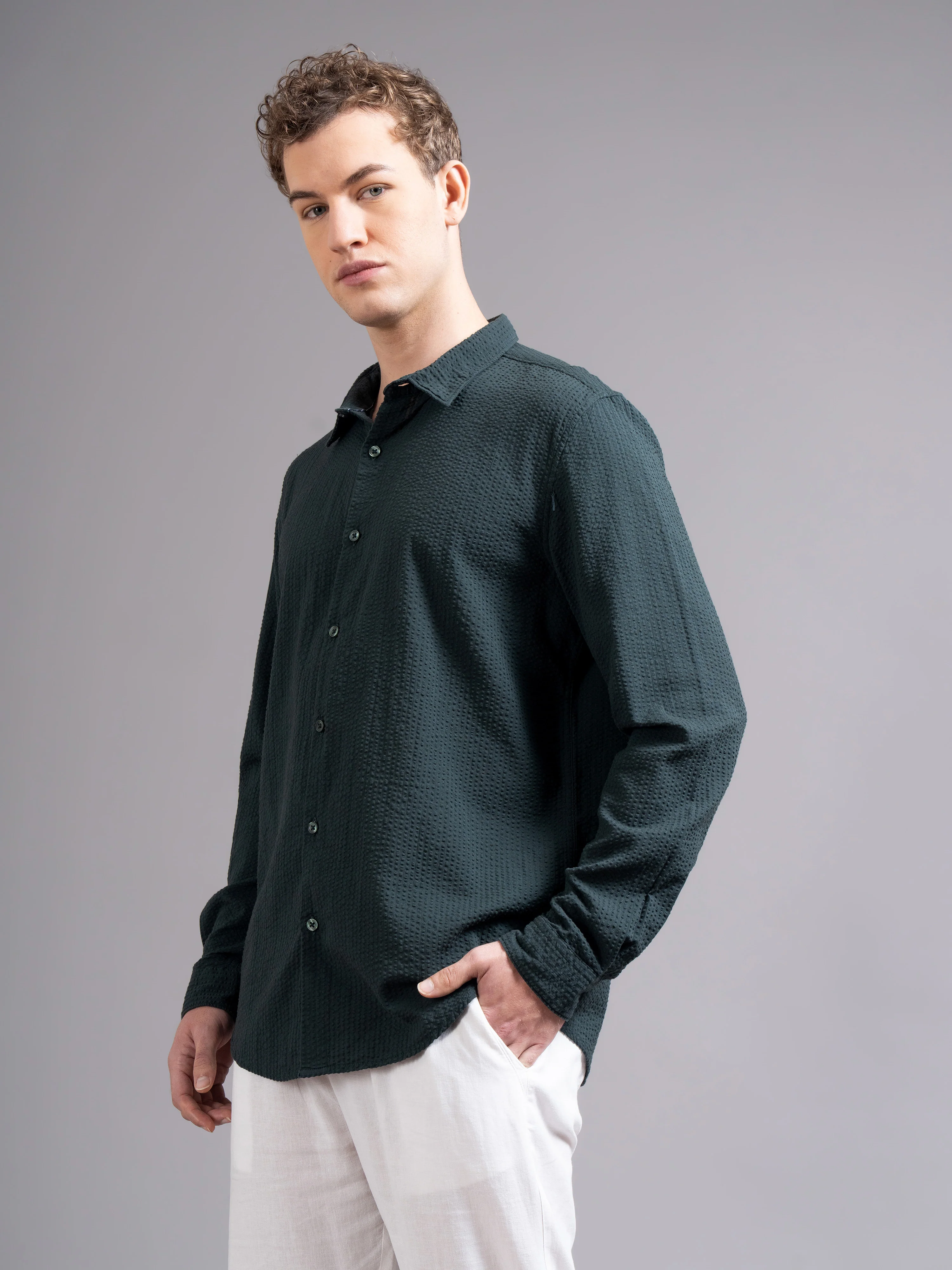 Men Olive Cotton Shirt - Image 2