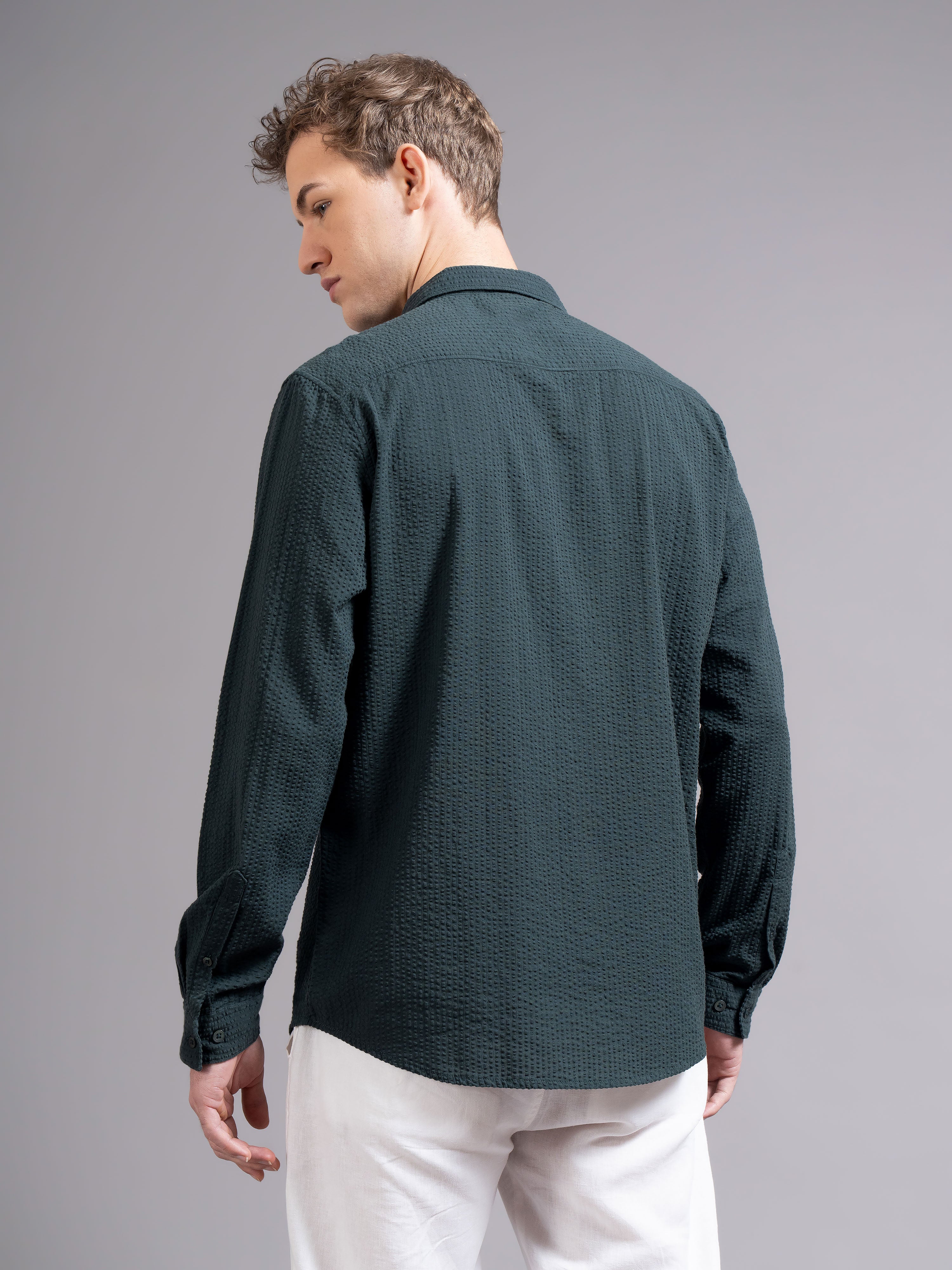 Men Olive Cotton Shirt - Image 3