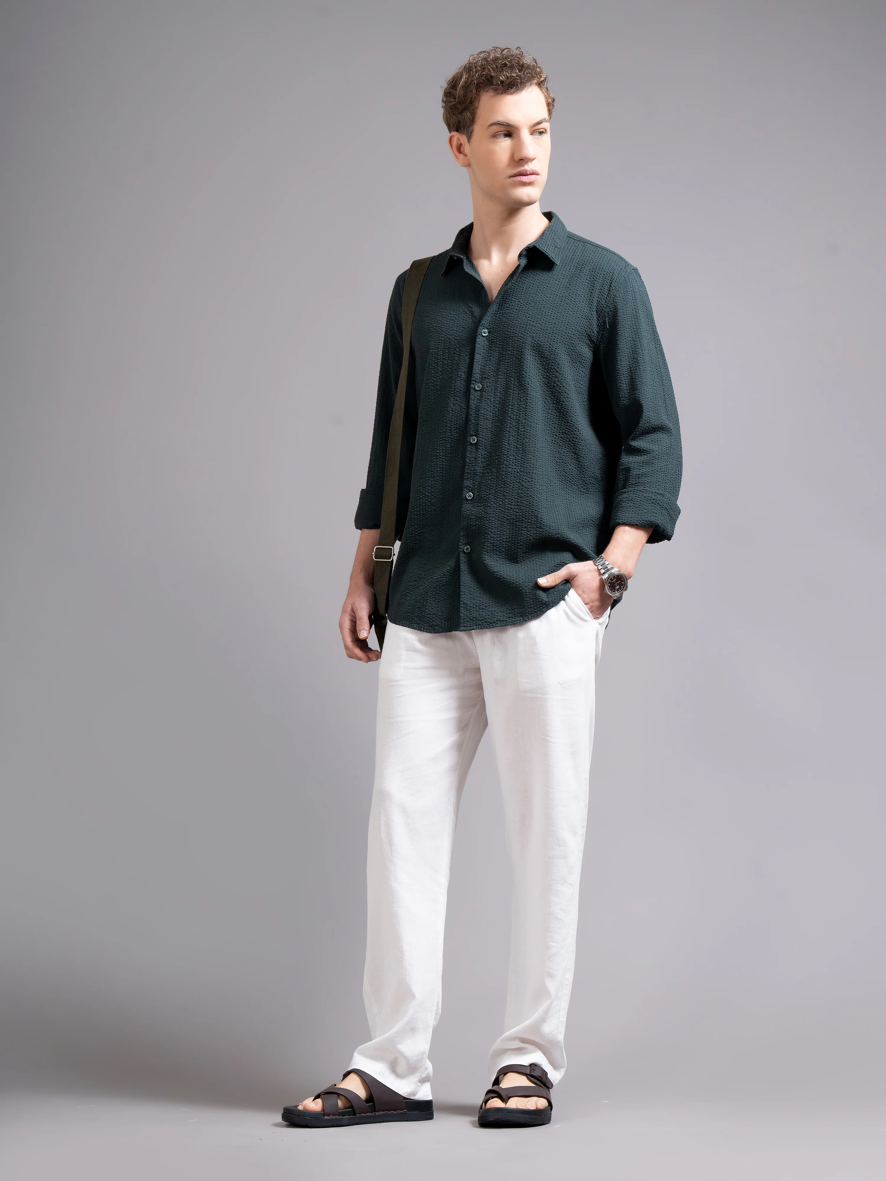 Men Olive Cotton Shirt - Image 5