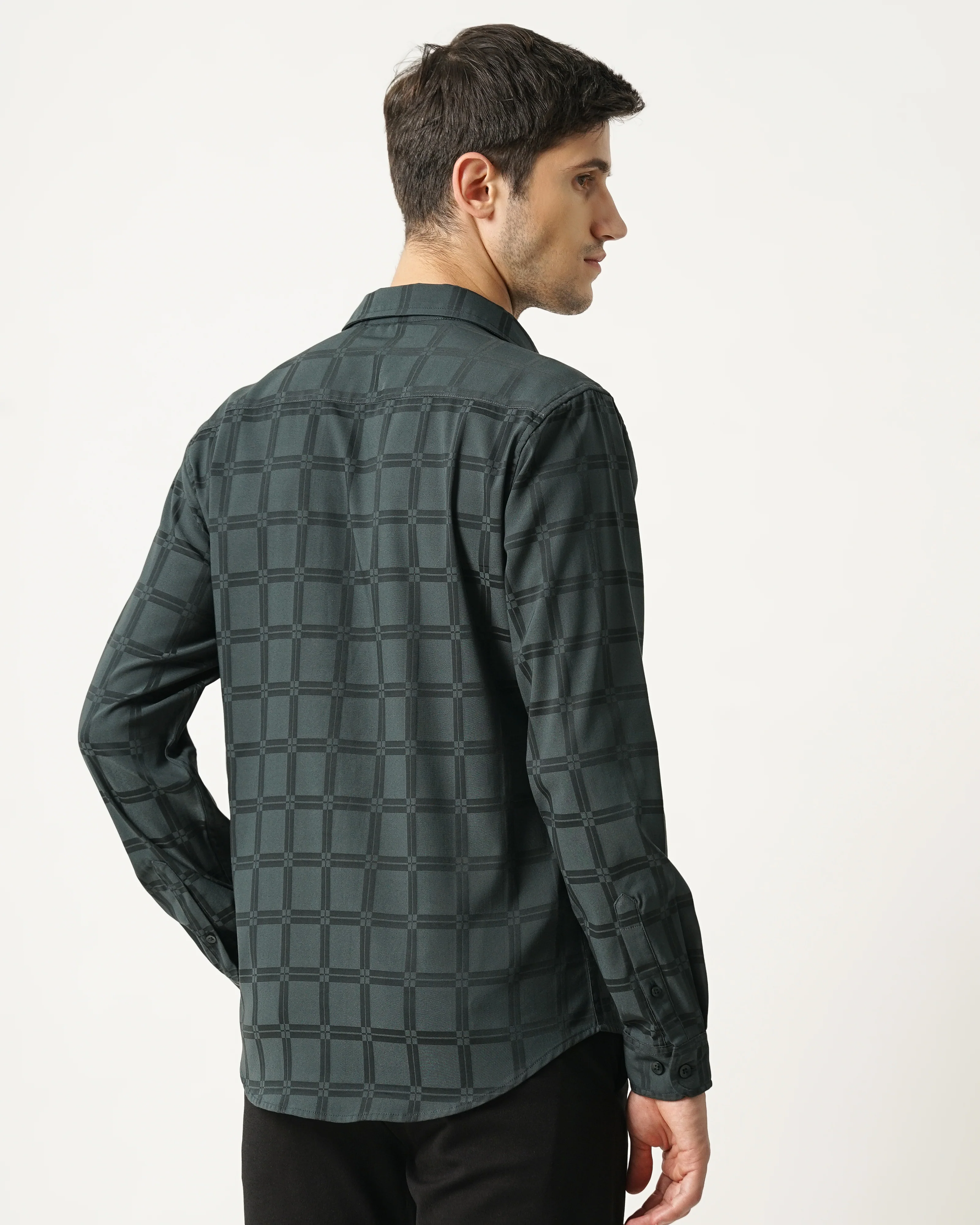 Men Olive Cotton Slim Shirt - Image 3