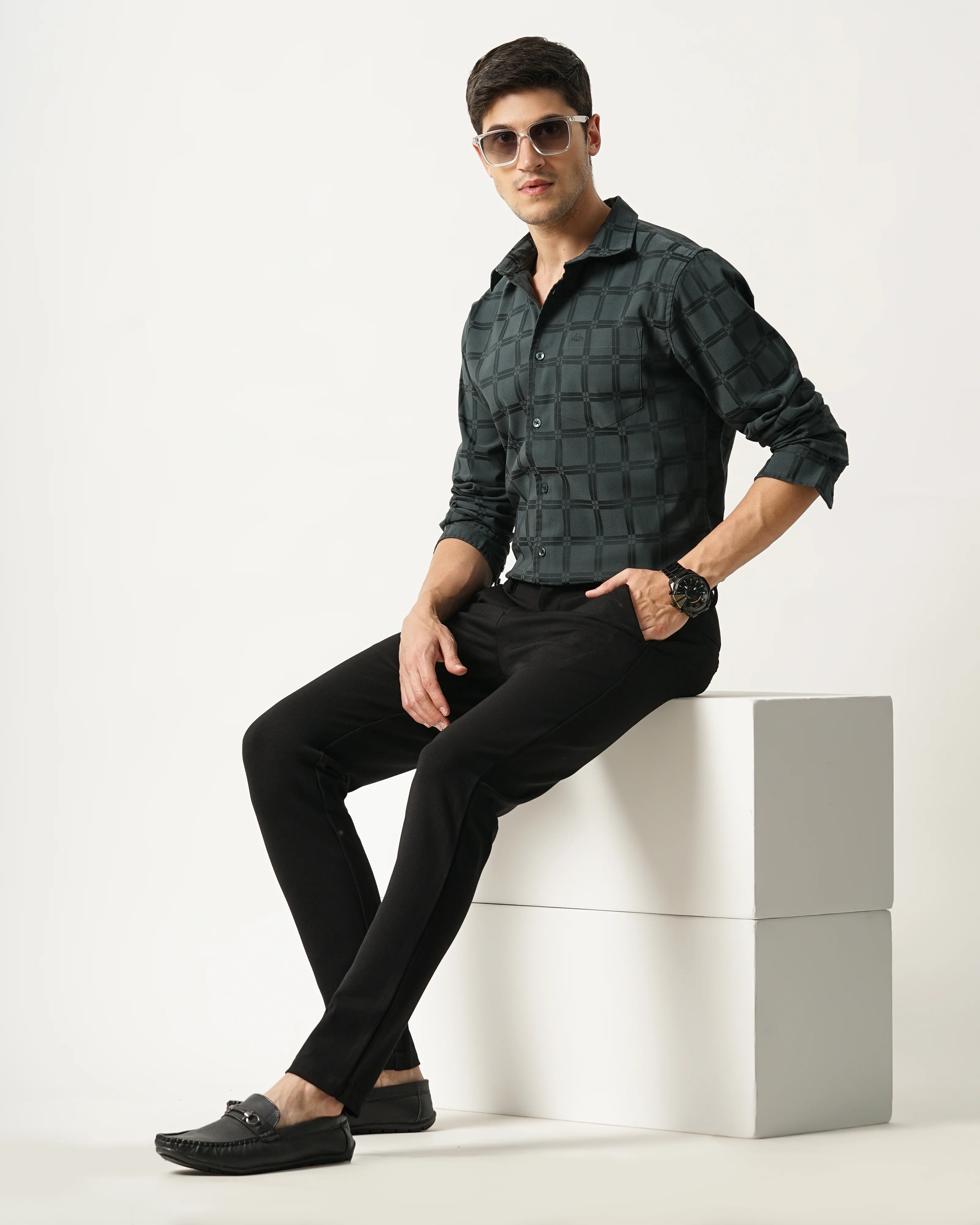 Men Olive Cotton Slim Shirt - Image 5