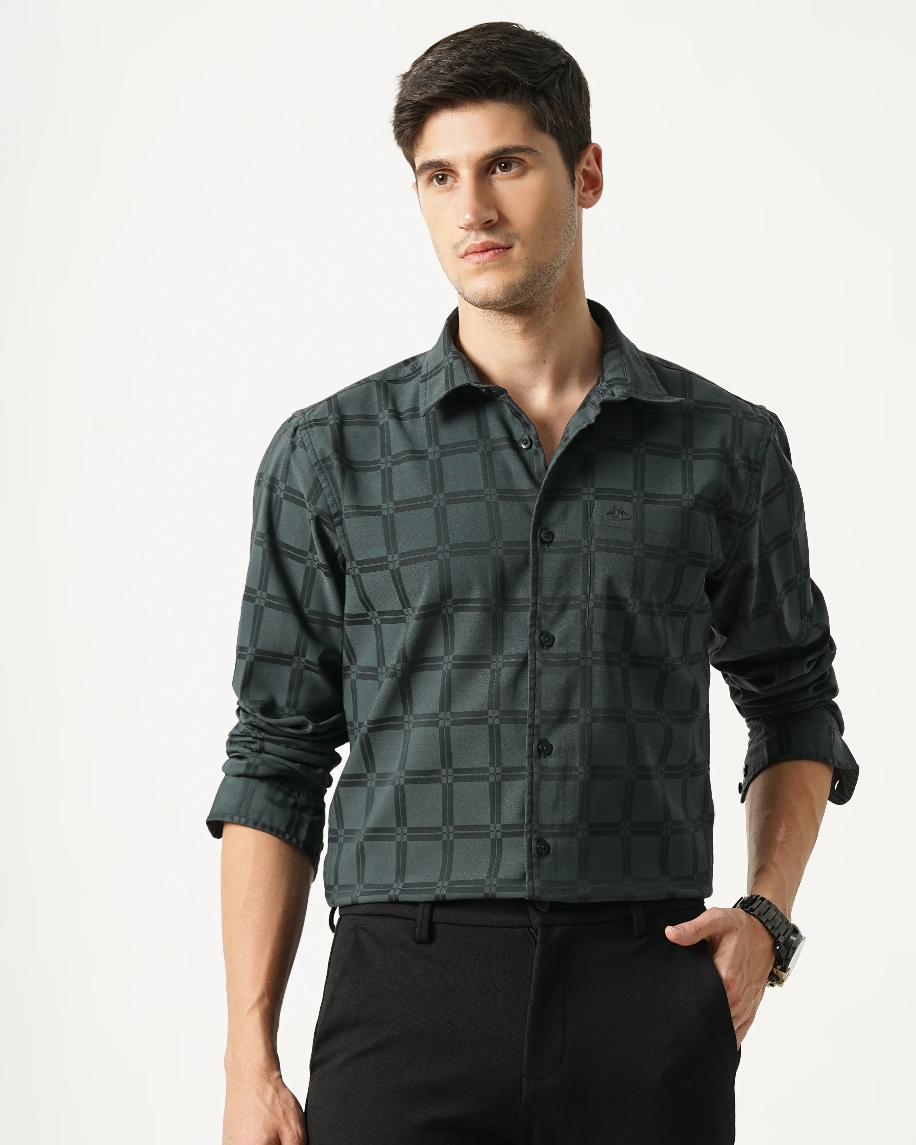 Men Olive Cotton Slim Shirt - Image 6