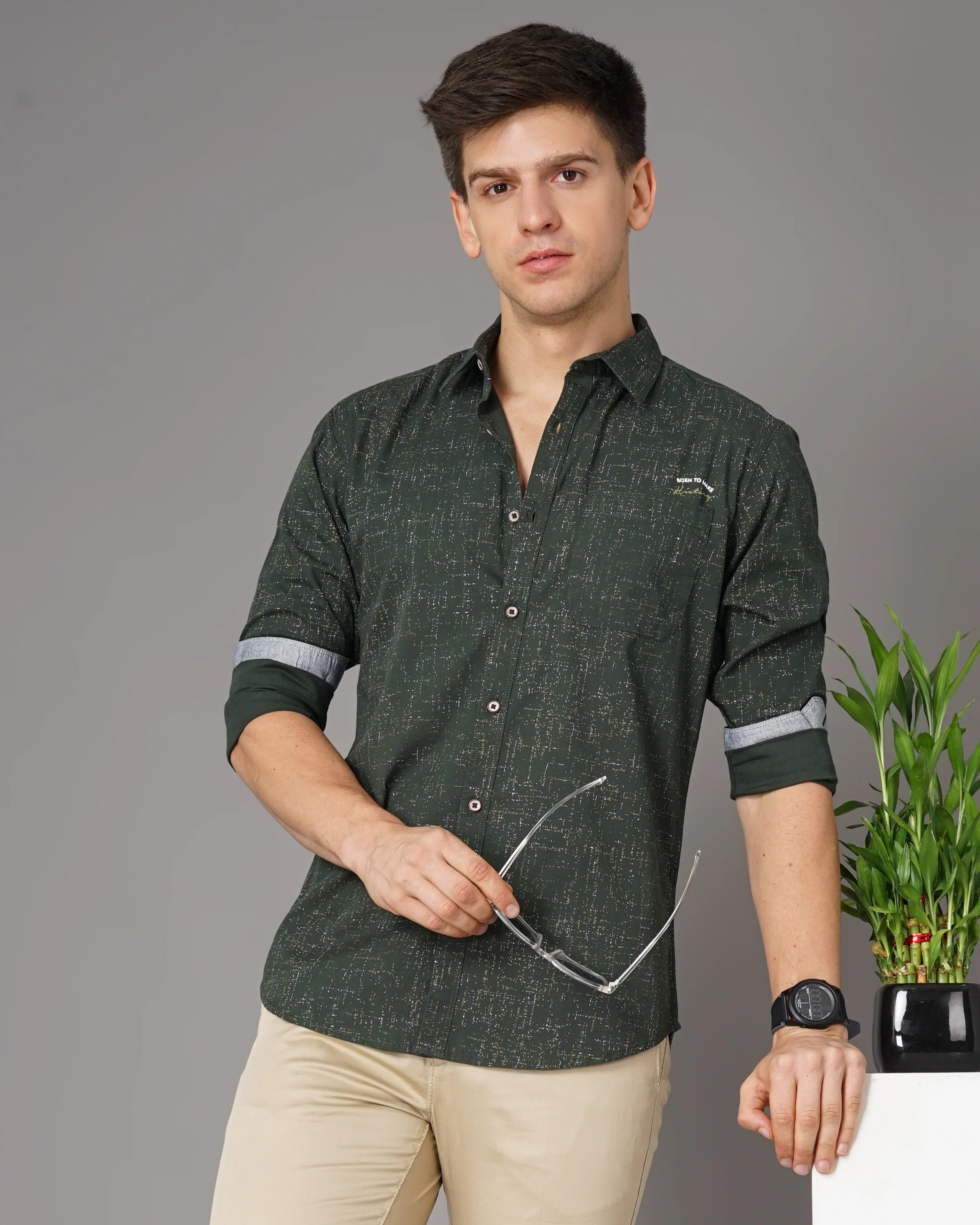 Men Olive Cotton Slim Shirt