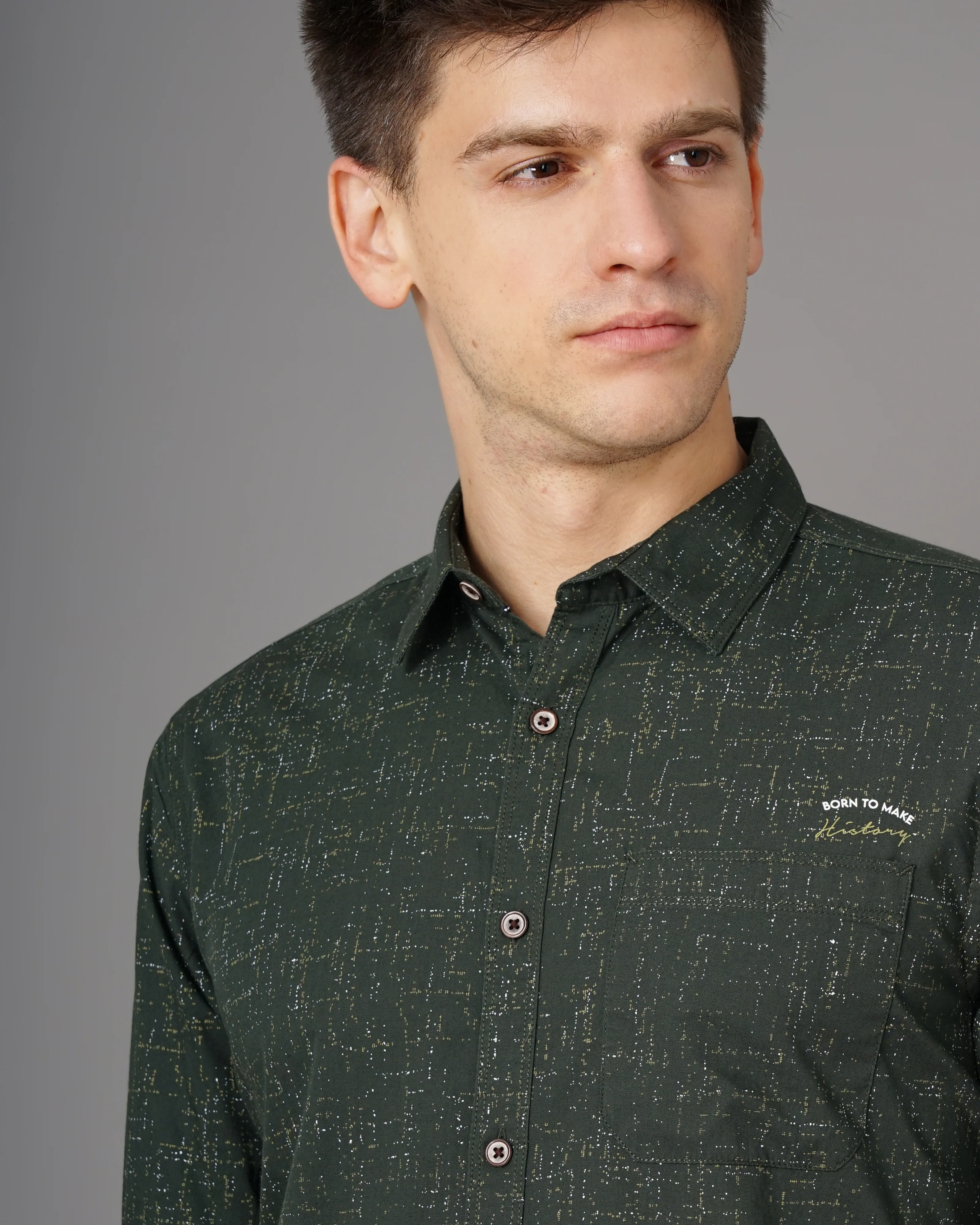 Men Olive Cotton Slim Shirt - Image 2