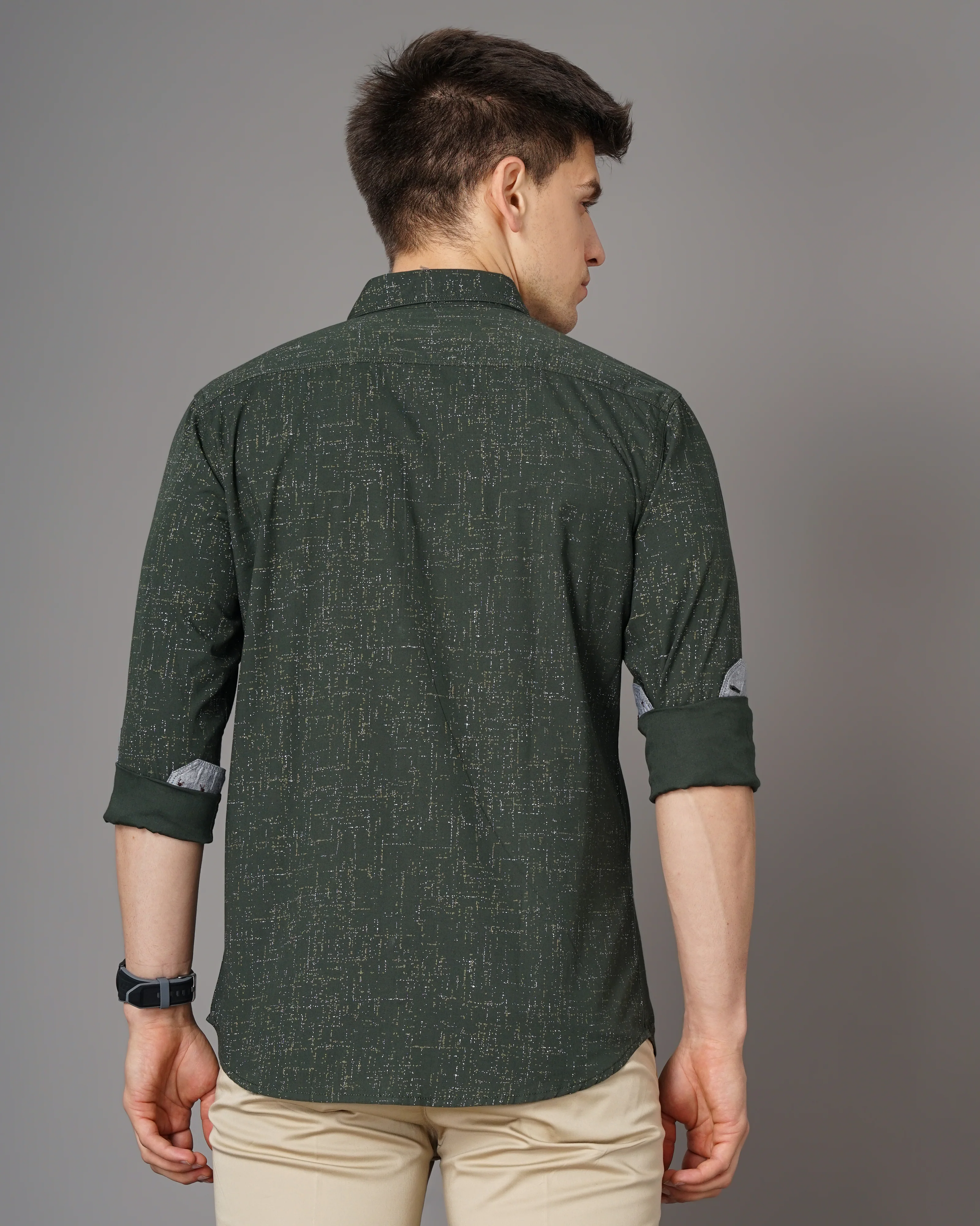 Men Olive Cotton Slim Shirt - Image 3