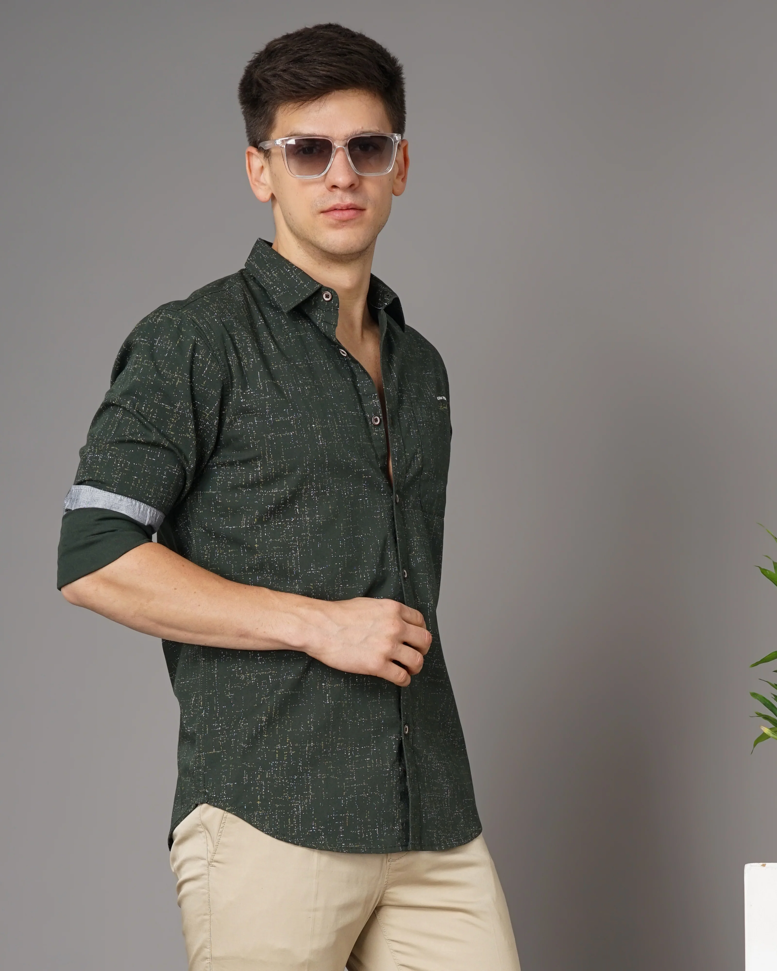 Men Olive Cotton Slim Shirt - Image 4