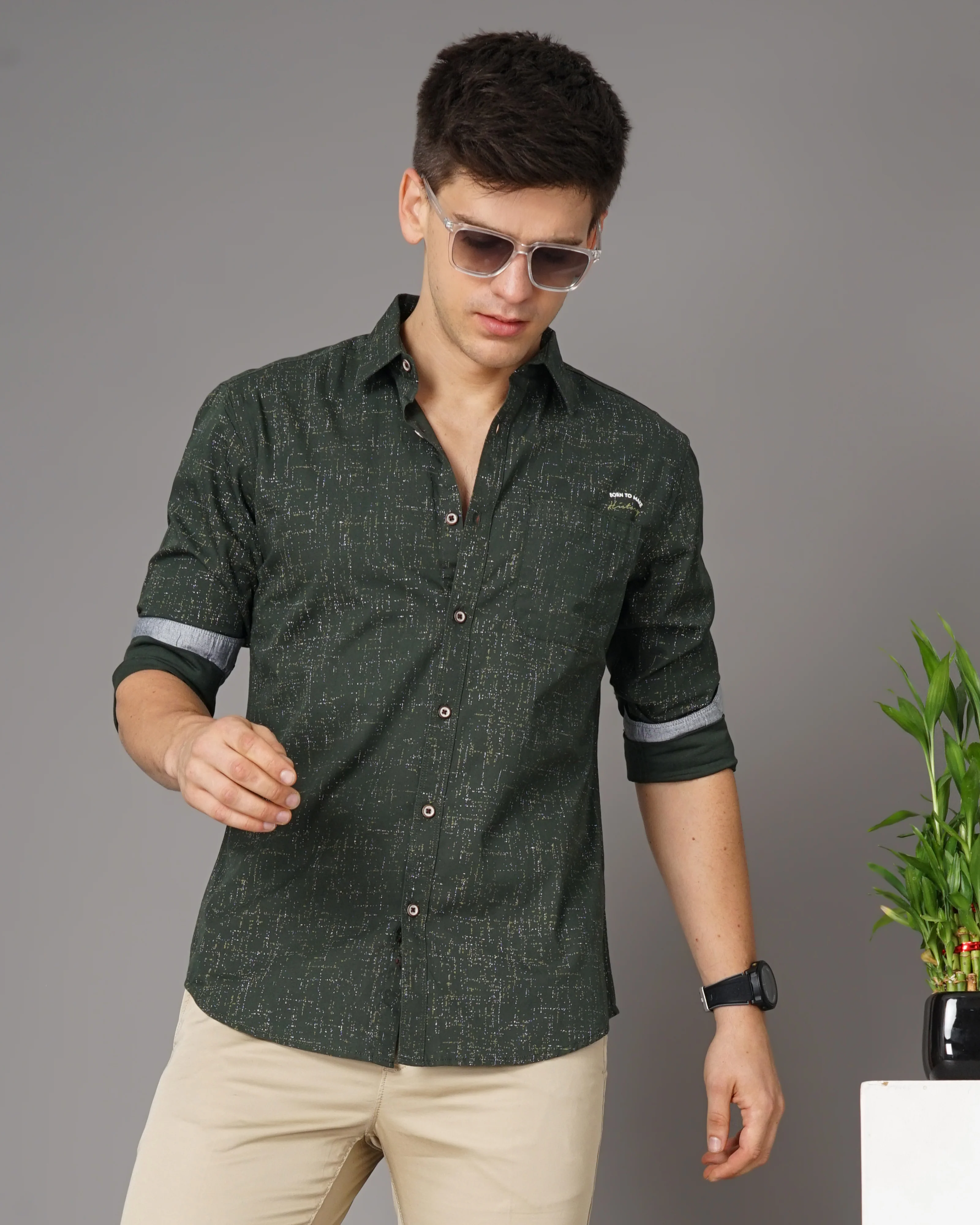 Men Olive Cotton Slim Shirt - Image 5