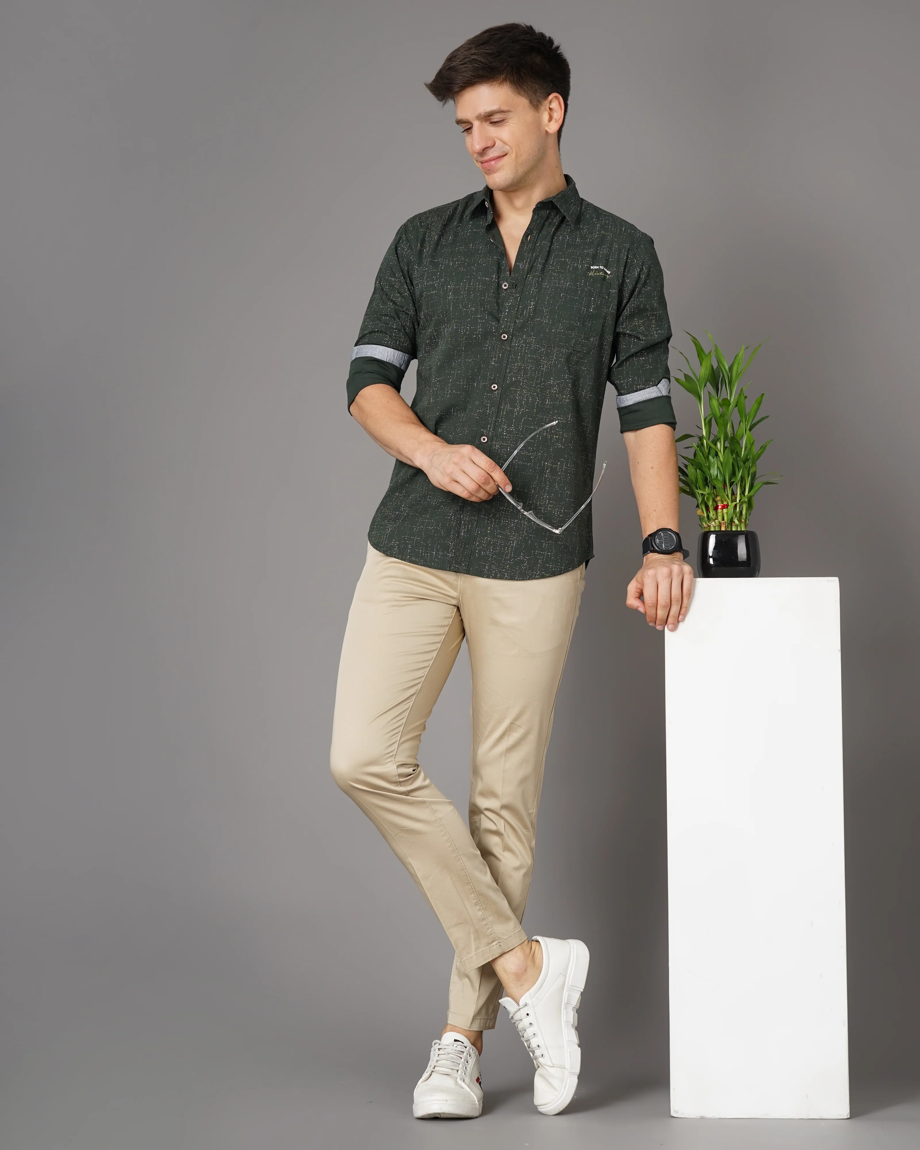 Men Olive Cotton Slim Shirt - Image 6