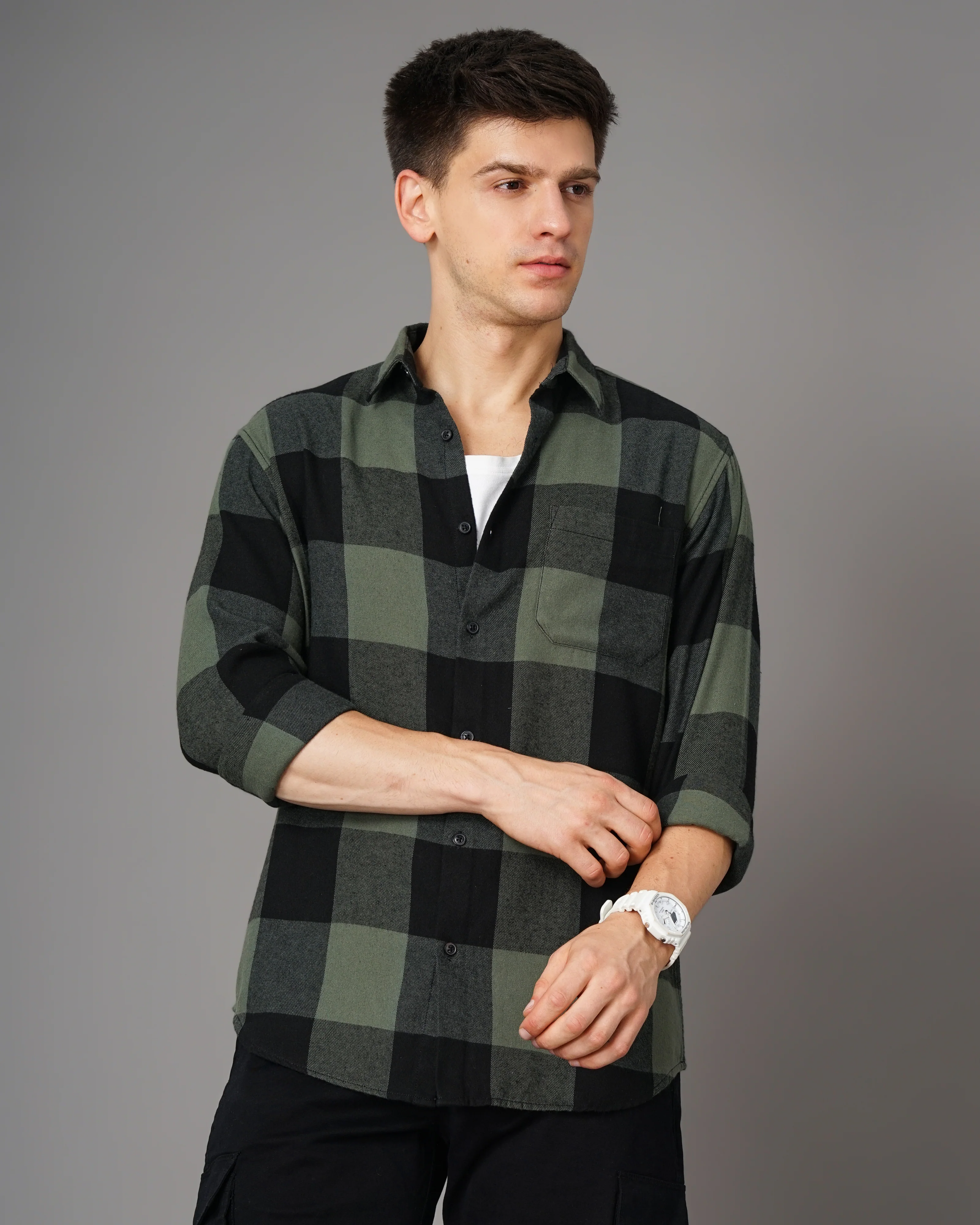 Men Olive Cotton Slim Shirt