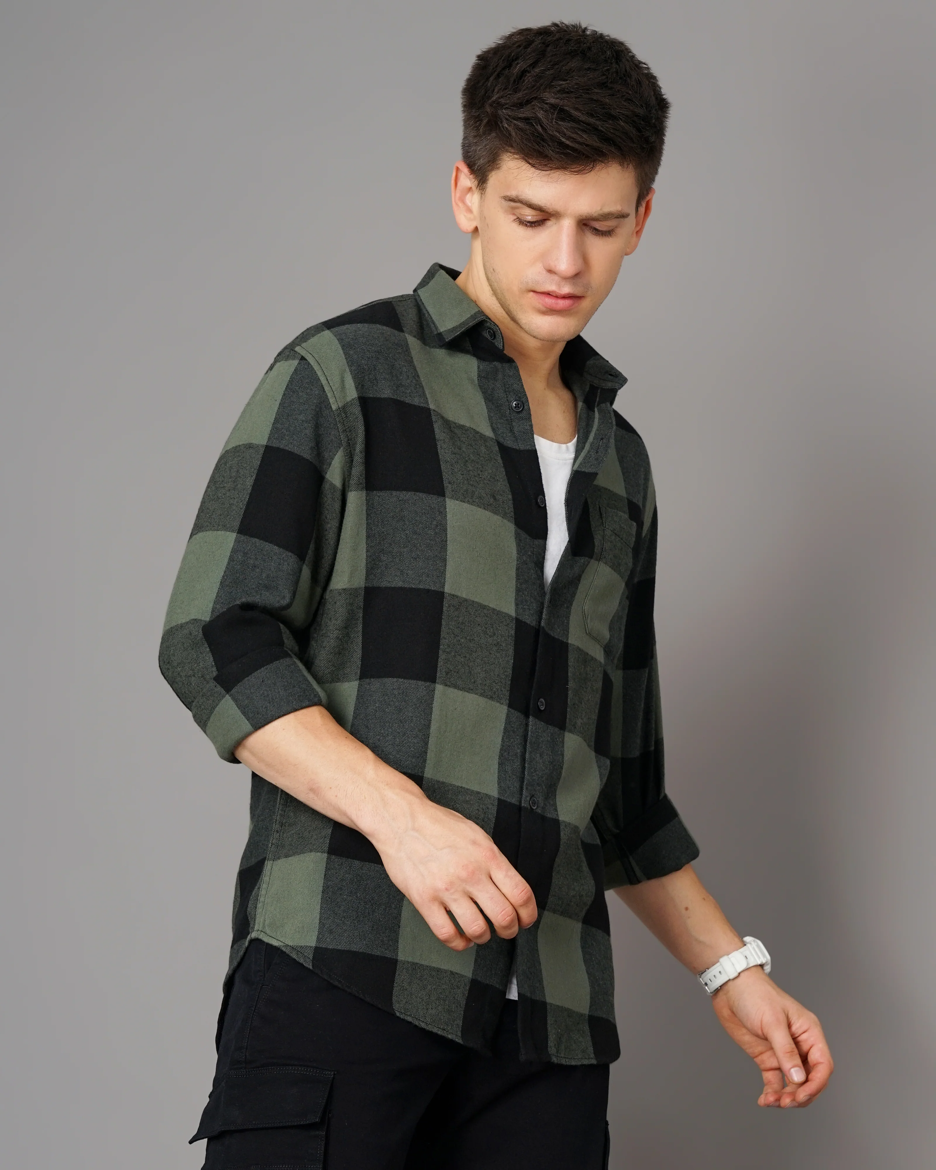 Men Olive Cotton Slim Shirt - Image 2