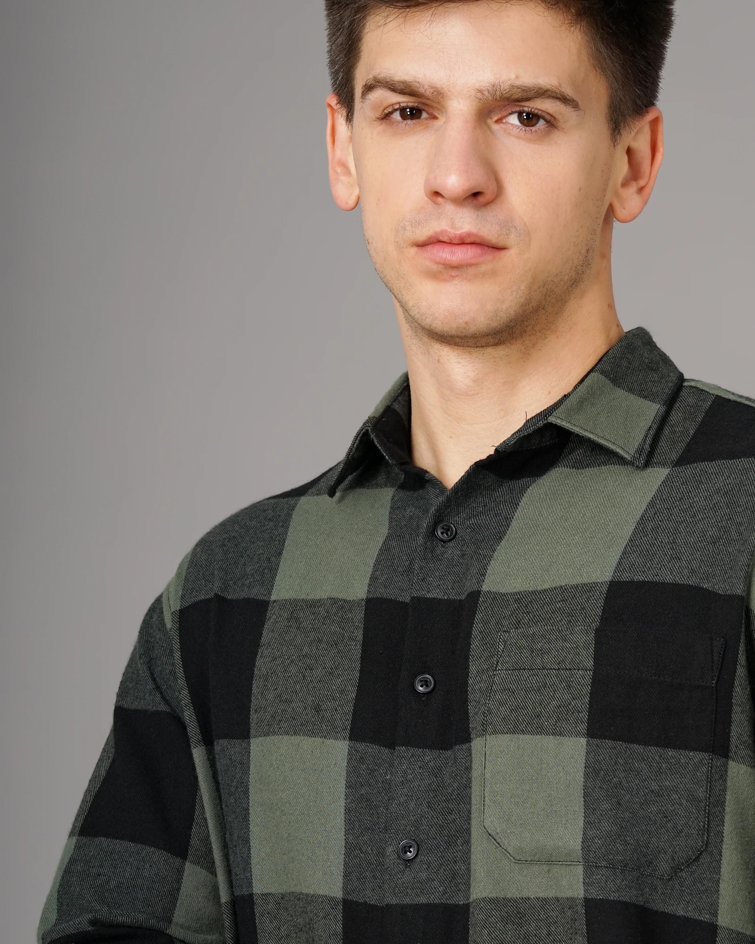 Men Olive Cotton Slim Shirt - Image 3