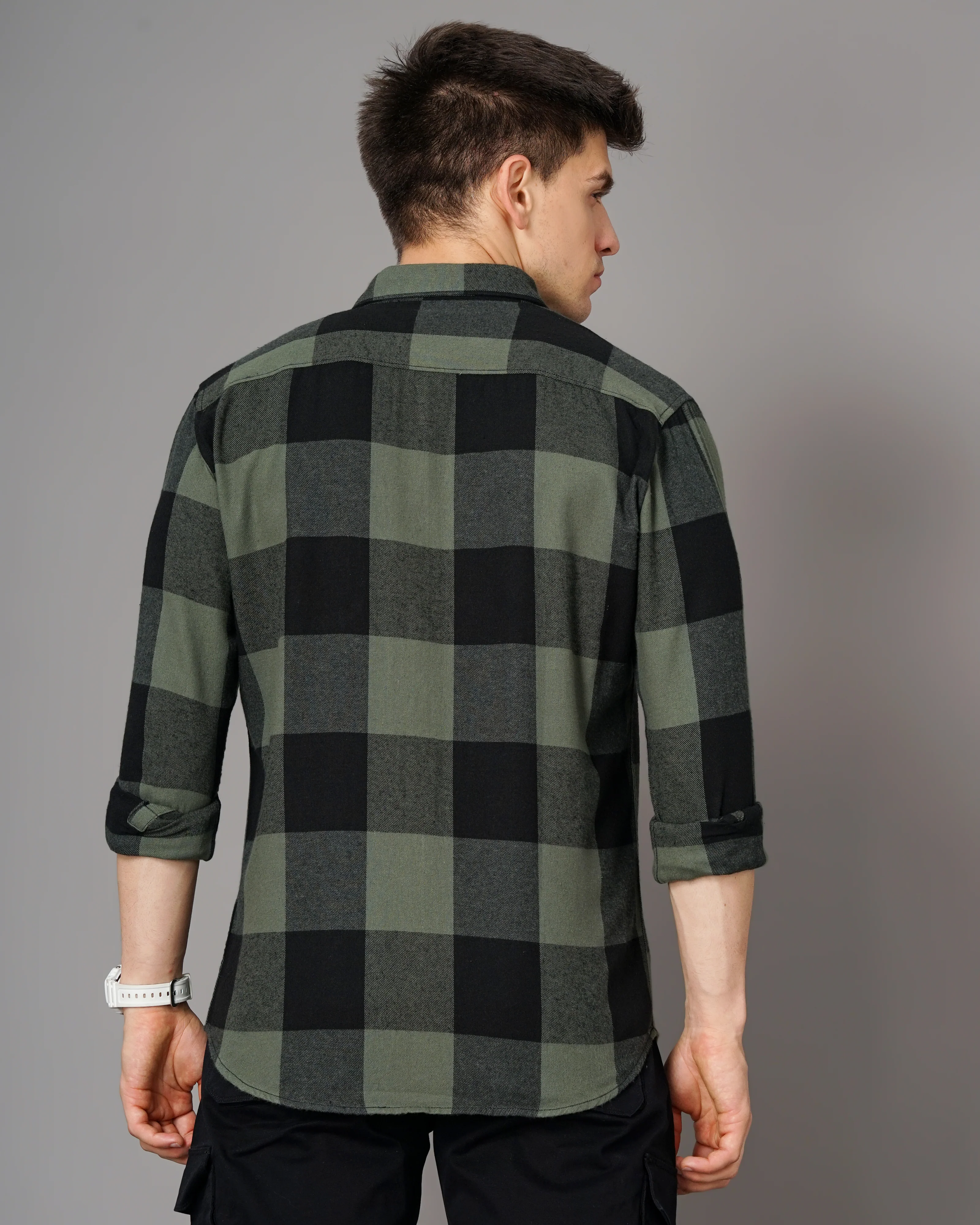 Men Olive Cotton Slim Shirt - Image 4