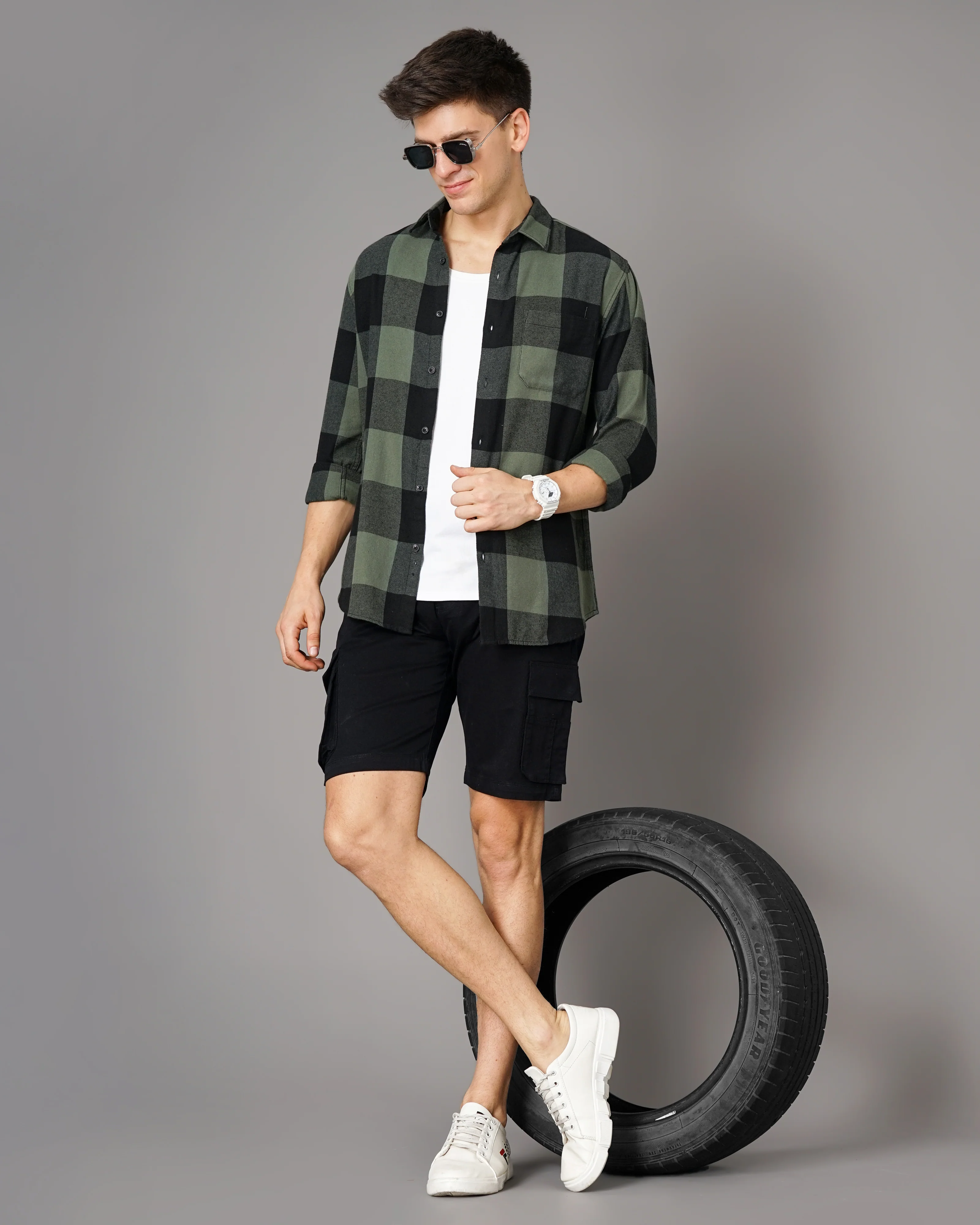 Men Olive Cotton Slim Shirt - Image 5