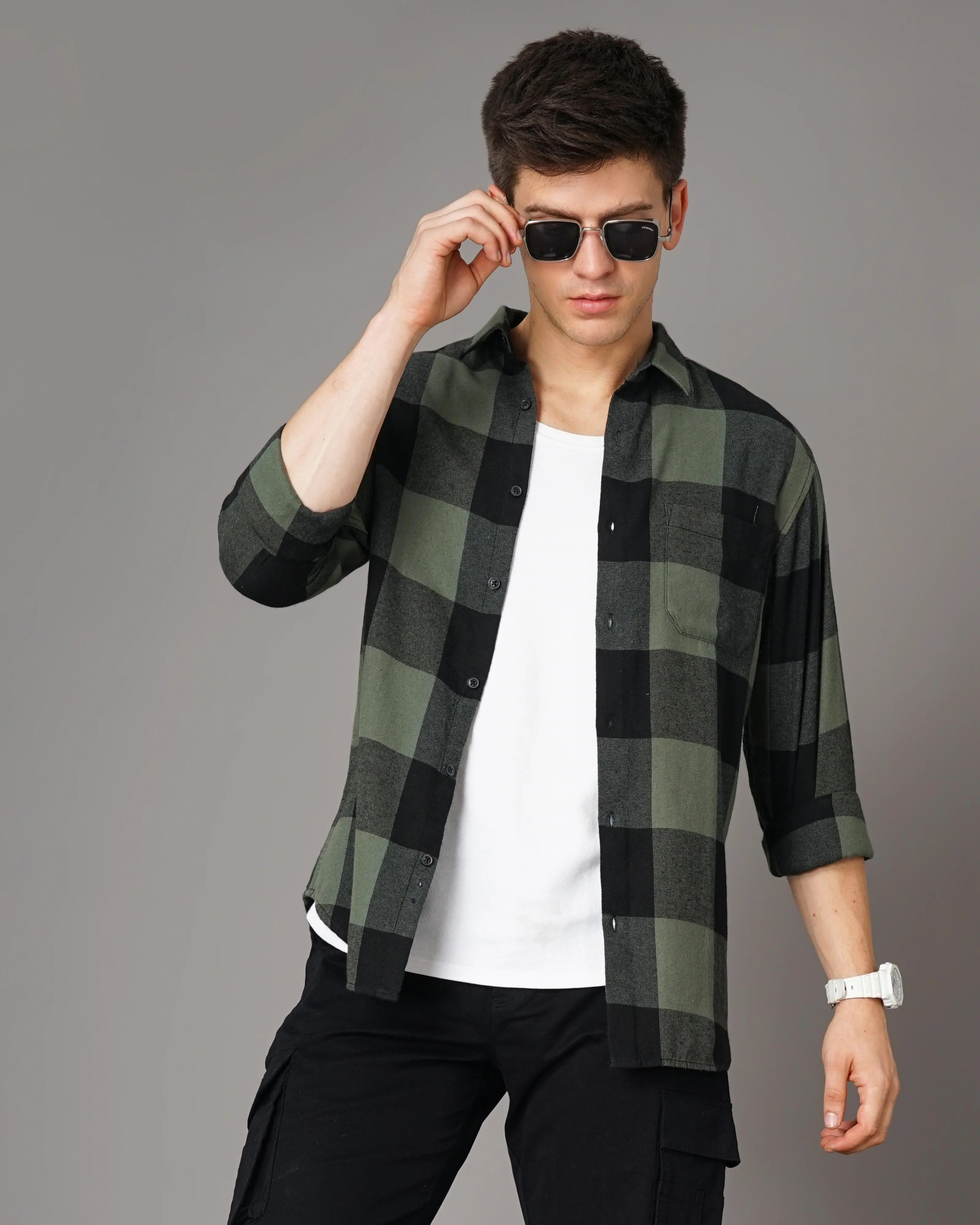 Men Olive Cotton Slim Shirt - Image 6