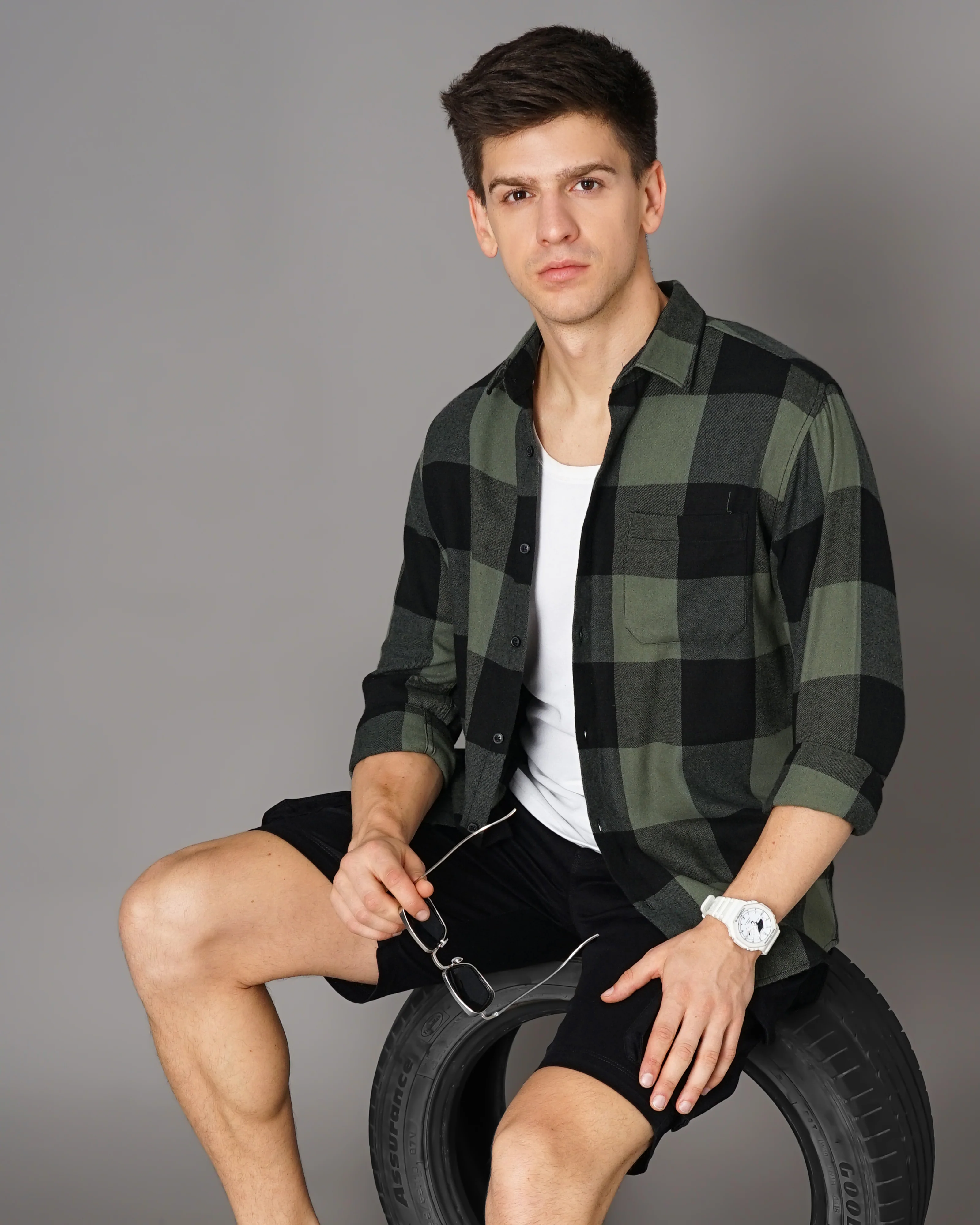 Men Olive Cotton Slim Shirt - Image 7