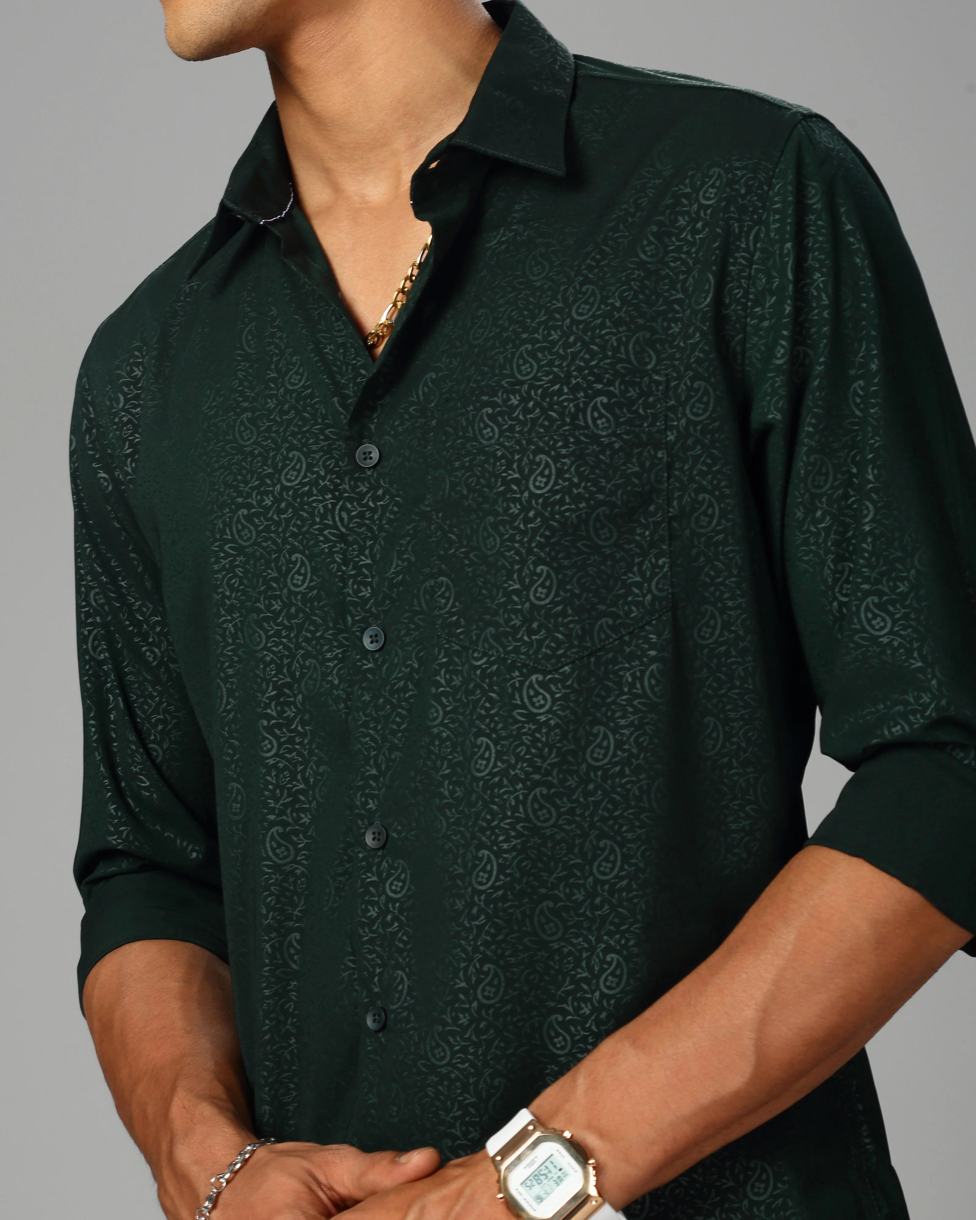 Men Olive Cotton Slim Shirt - Image 3
