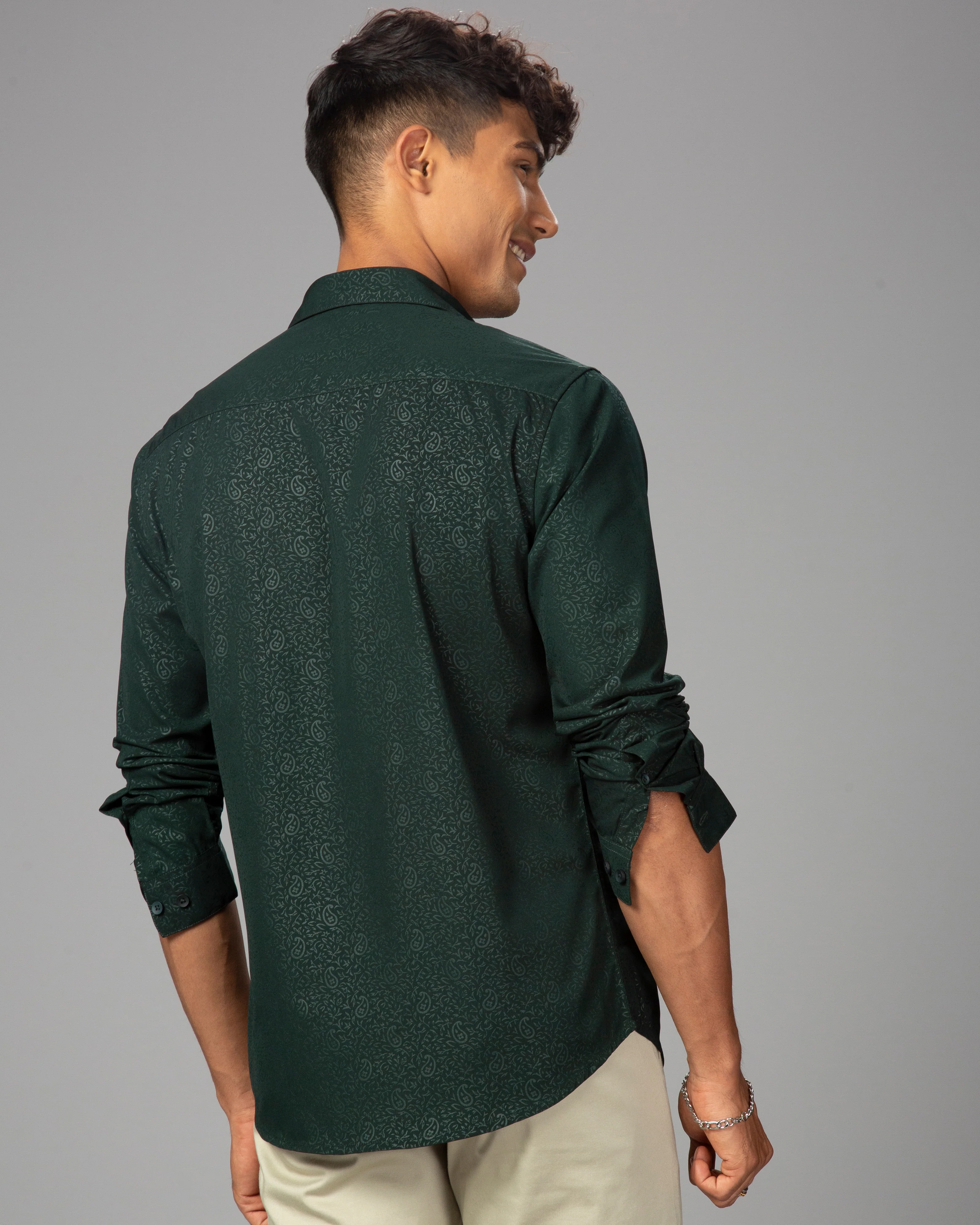 Men Olive Cotton Slim Shirt - Image 4