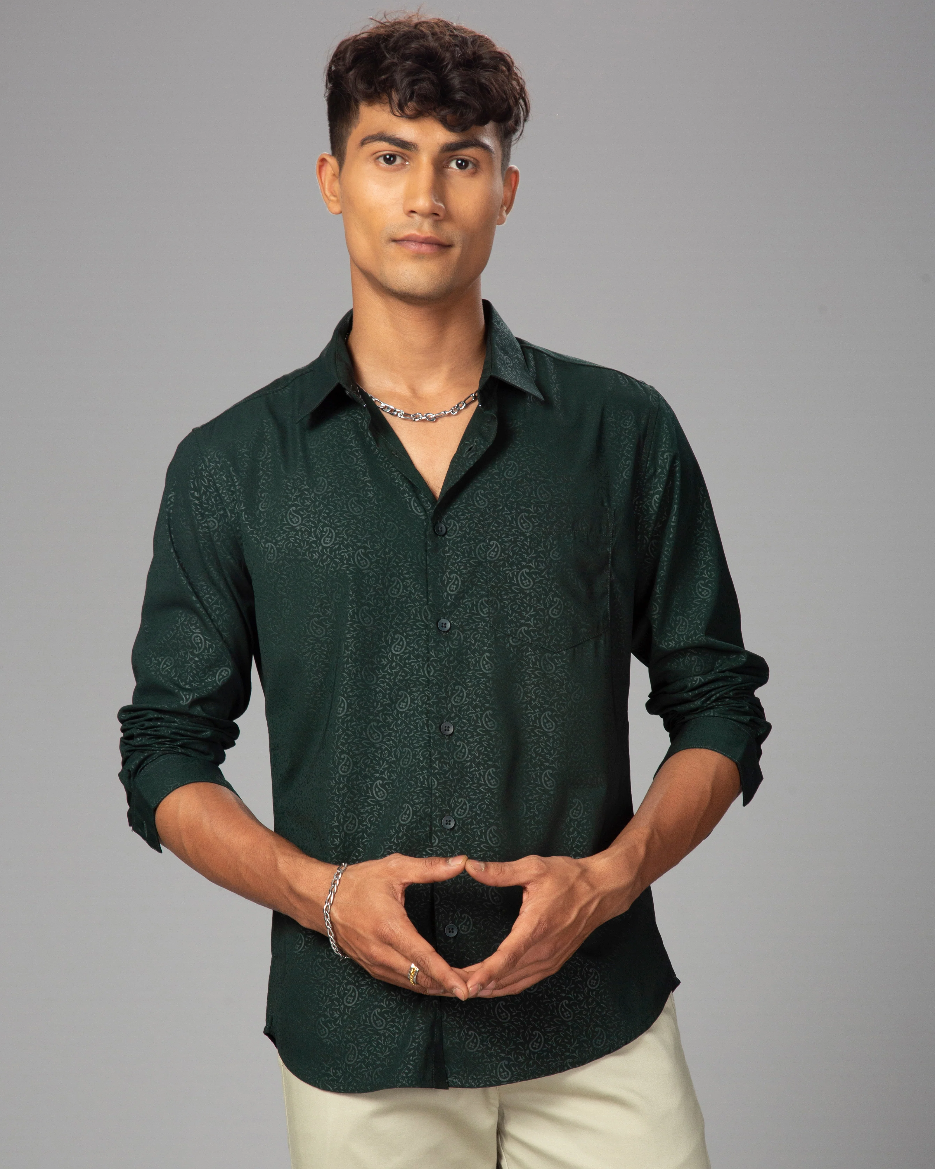 Men Olive Cotton Slim Shirt - Image 5