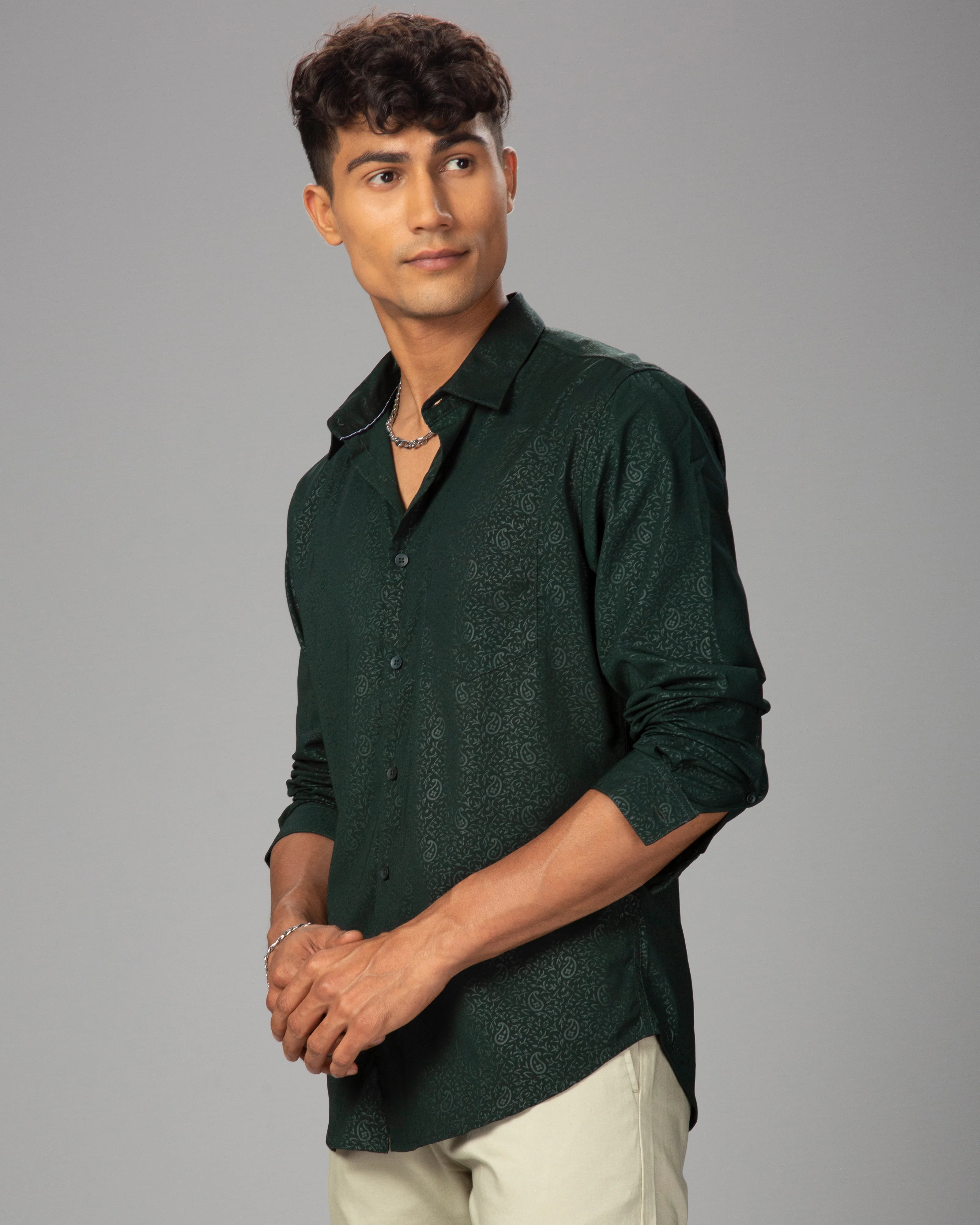 Men Olive Cotton Slim Shirt - Image 6